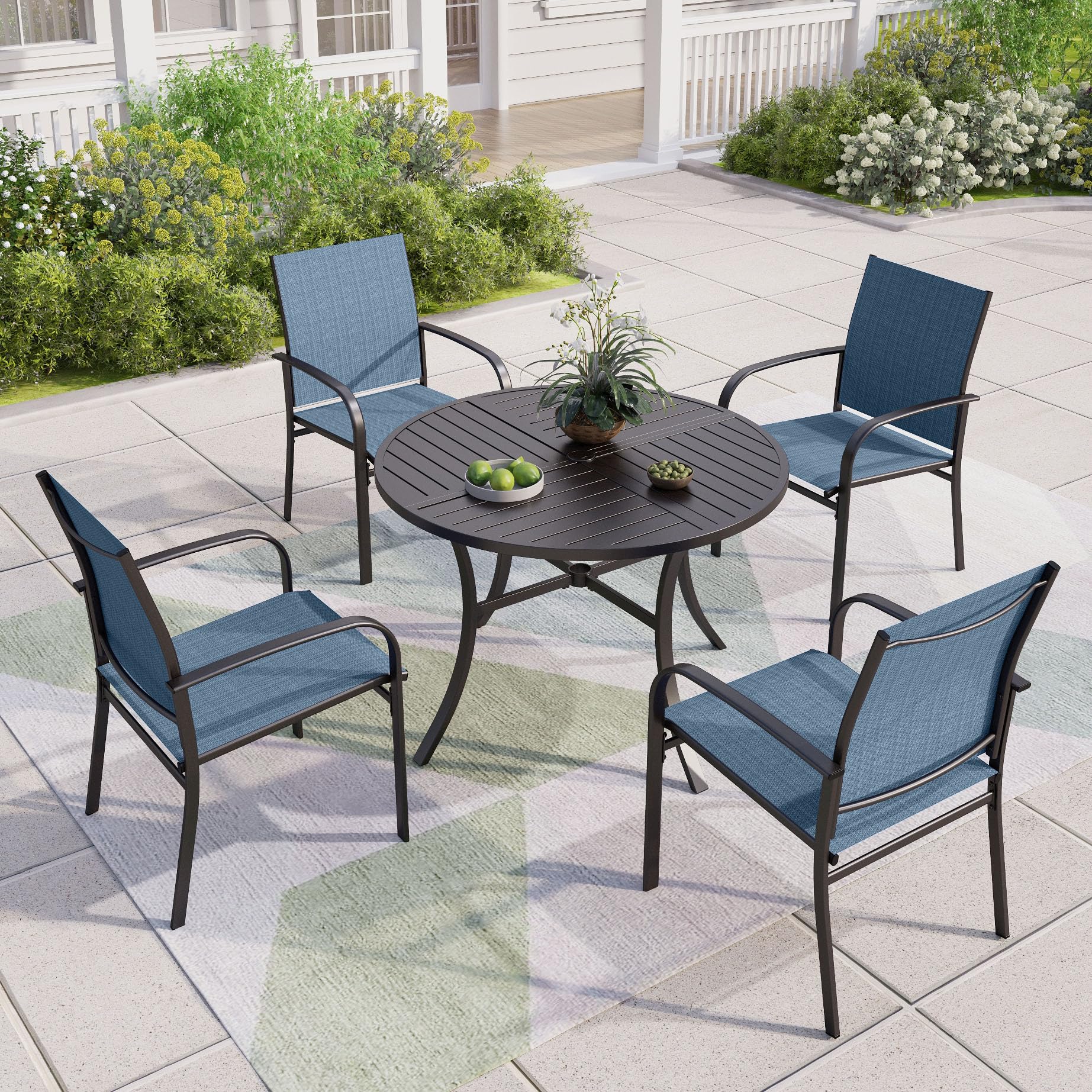 5-Piece Outdoor Dining Set - Round Metal Patio Table with 4 Blue Chairs for 4 People | Perfect for Garden, Backyard, Deck, Poolside & Outdoor Entertaining