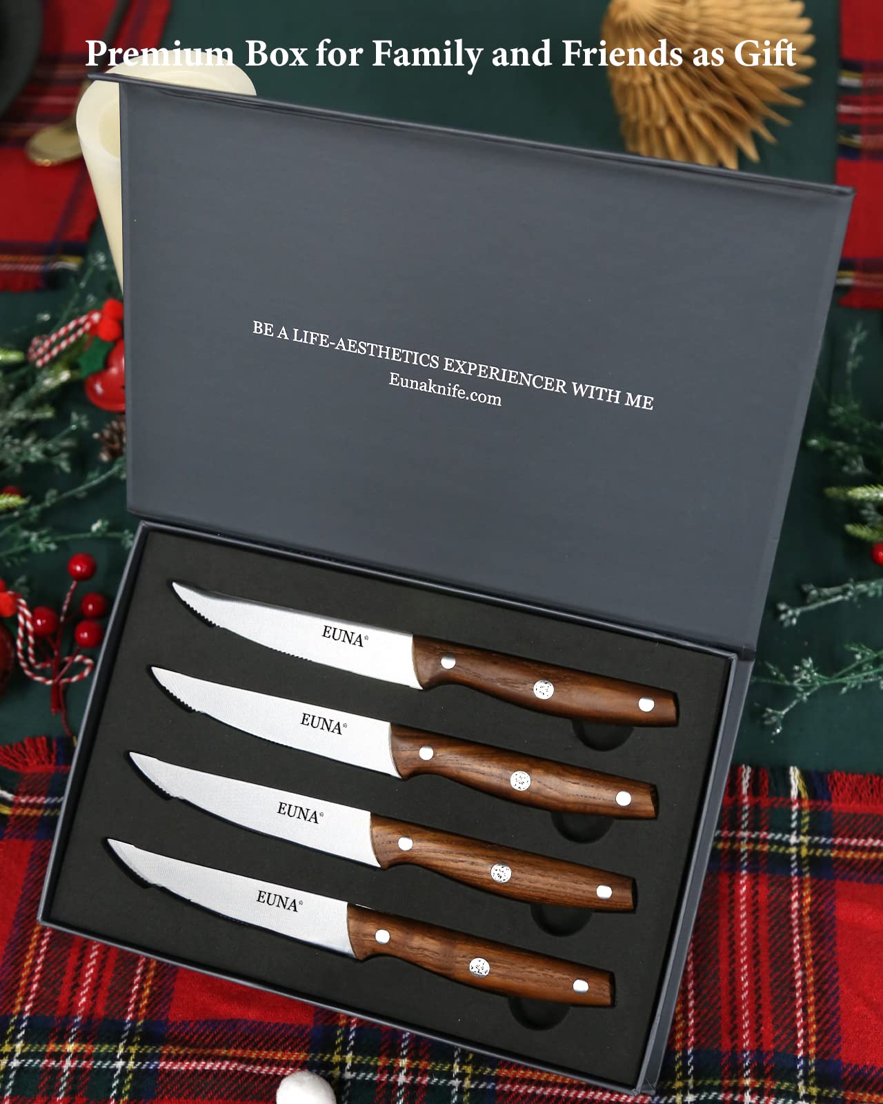 EUNA 4-Piece Steak Knife Set - 4.5 Inch Ultra Sharp Serrated Blades with Ergonomic ASH Handle - Stainless Steel Dinner Knives in Gift Box - Perfect for Steakhouse Dining, BBQ Parties & Fine Dining at Home