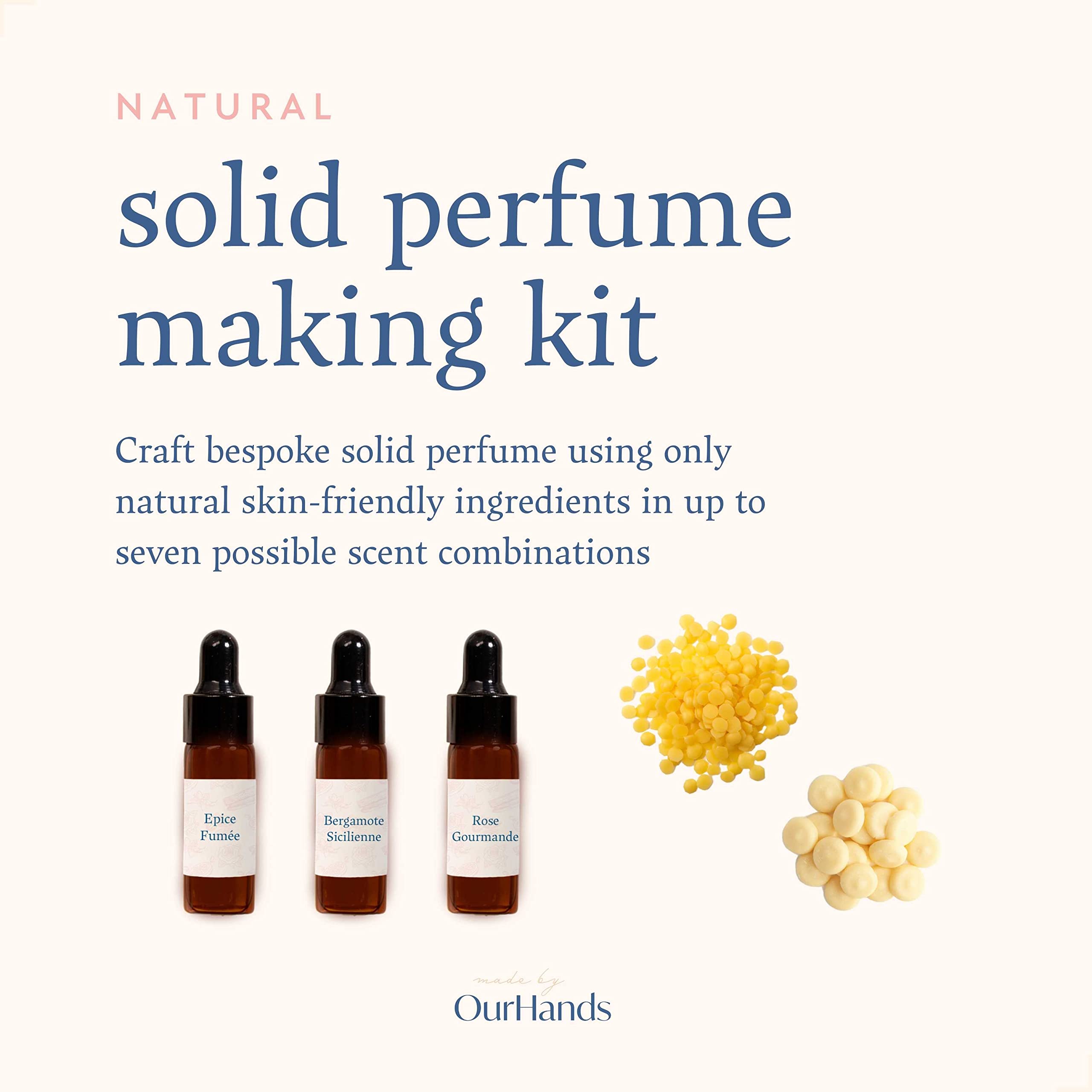 OurHands DIY Solid Perfume Making Kit - Natural Essential Oil Based, Alcohol-Free Fragrance Craft Set with 3 Blendable Scents, Reusable Tins & Guide - Perfect for Homemade Gifts, Aromatherapy & Personal Scent Creation