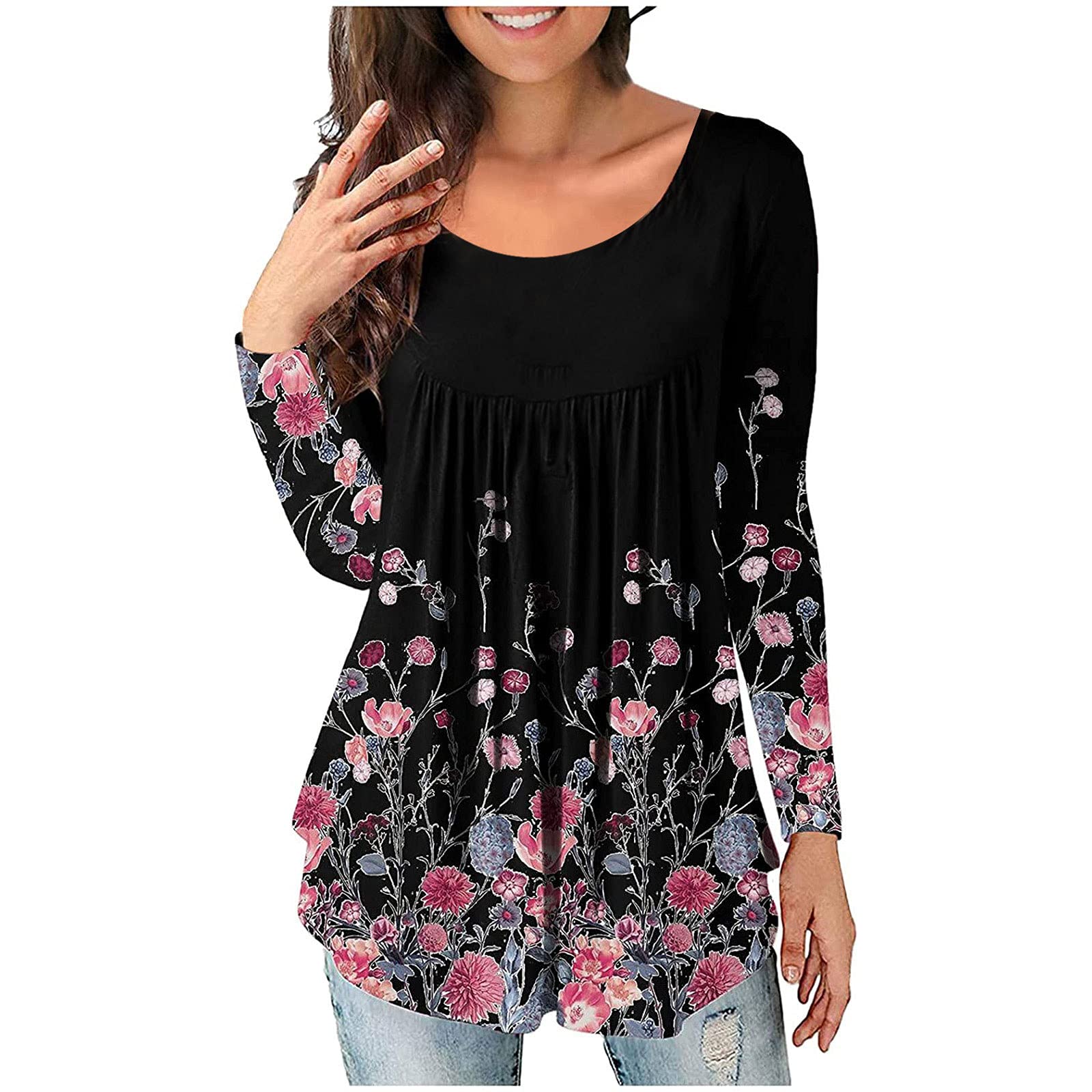 RKSTN Women's Long Sleeve Pleated Sweatshirt - Trendy Flowy Tunic Top for Casual Wear, Office Outfits & Fall Layering | Soft Pullover Blouse for Everyday Comfort