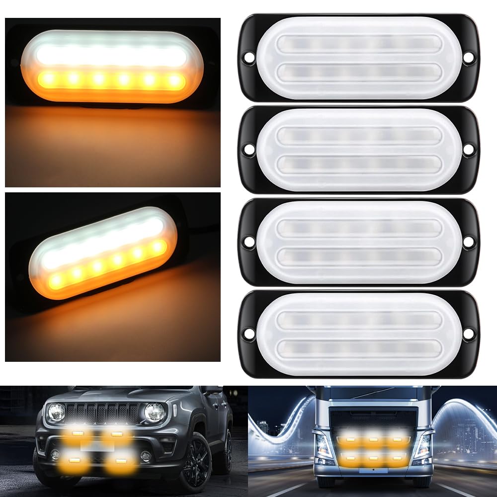 Sidaqi 4PCS 12LED Emergency Strobe Lights - Ultra Slim Surface Mount Flashing Hazard Lights for Vehicles 12-24V (Amber & White) - Perfect for Trucks, Emergency Vehicles, Construction & Road Safety Warning