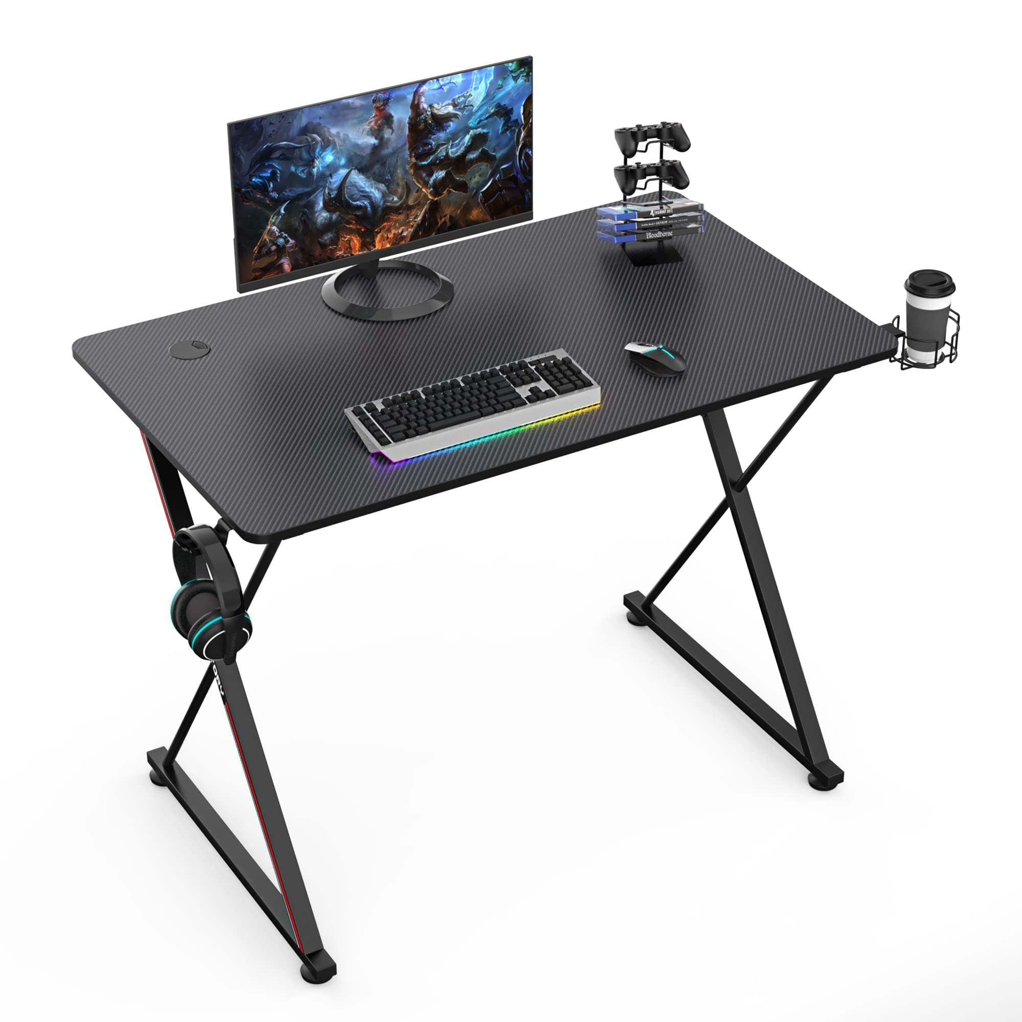 EUREKA ERGONOMIC 39-inch Small Gaming Desk for Kids & Adults - Carbon Fiber Surface PC Computer Desk with Headphone Hook & Cup Holder - Perfect Home Office Workstation & Gift Idea for Gamers (Great for Small Spaces, Dorm Rooms & Gaming Setups)