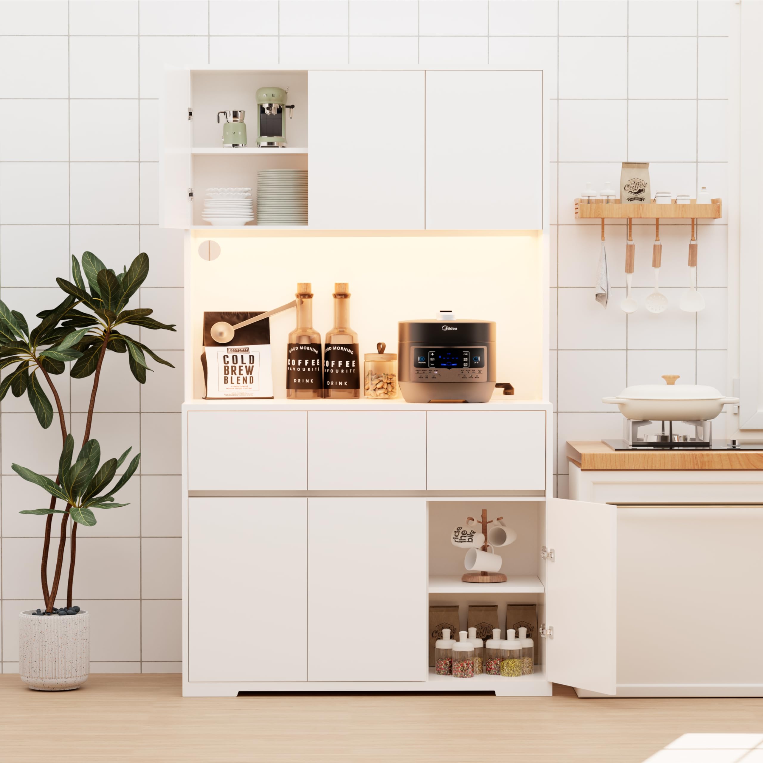 White Kitchen Pantry Cabinet with Power Outlets & LED Lights - Hutch Storage Cabinet with 3 Drawers, Countertop & Microwave Stand - Perfect for Modern Kitchens, Dining Rooms & Small Spaces