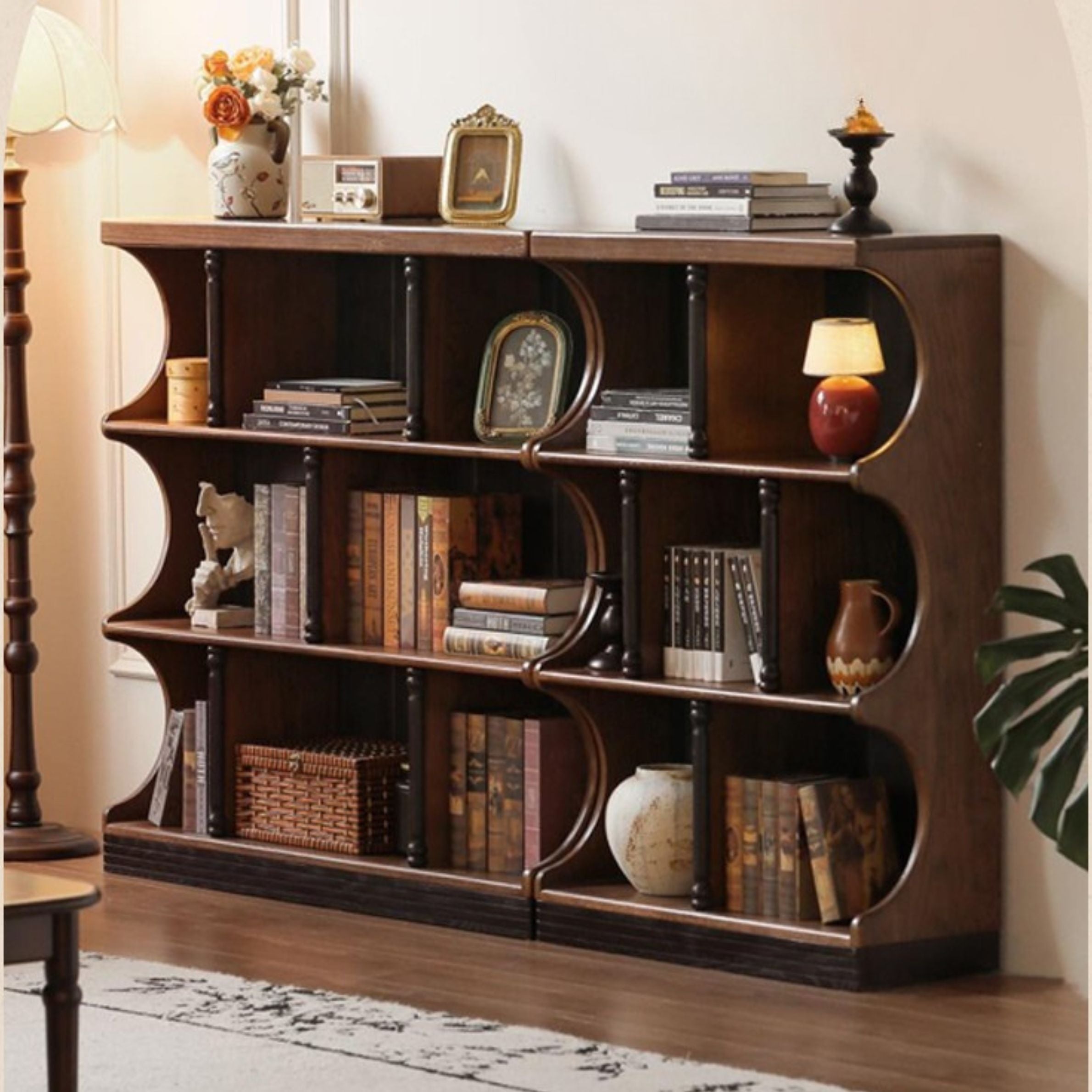 Oak Solid Wood French Retro Bookcase - Vintage Home Office Bookshelf for Living Room, Study & Library Decor