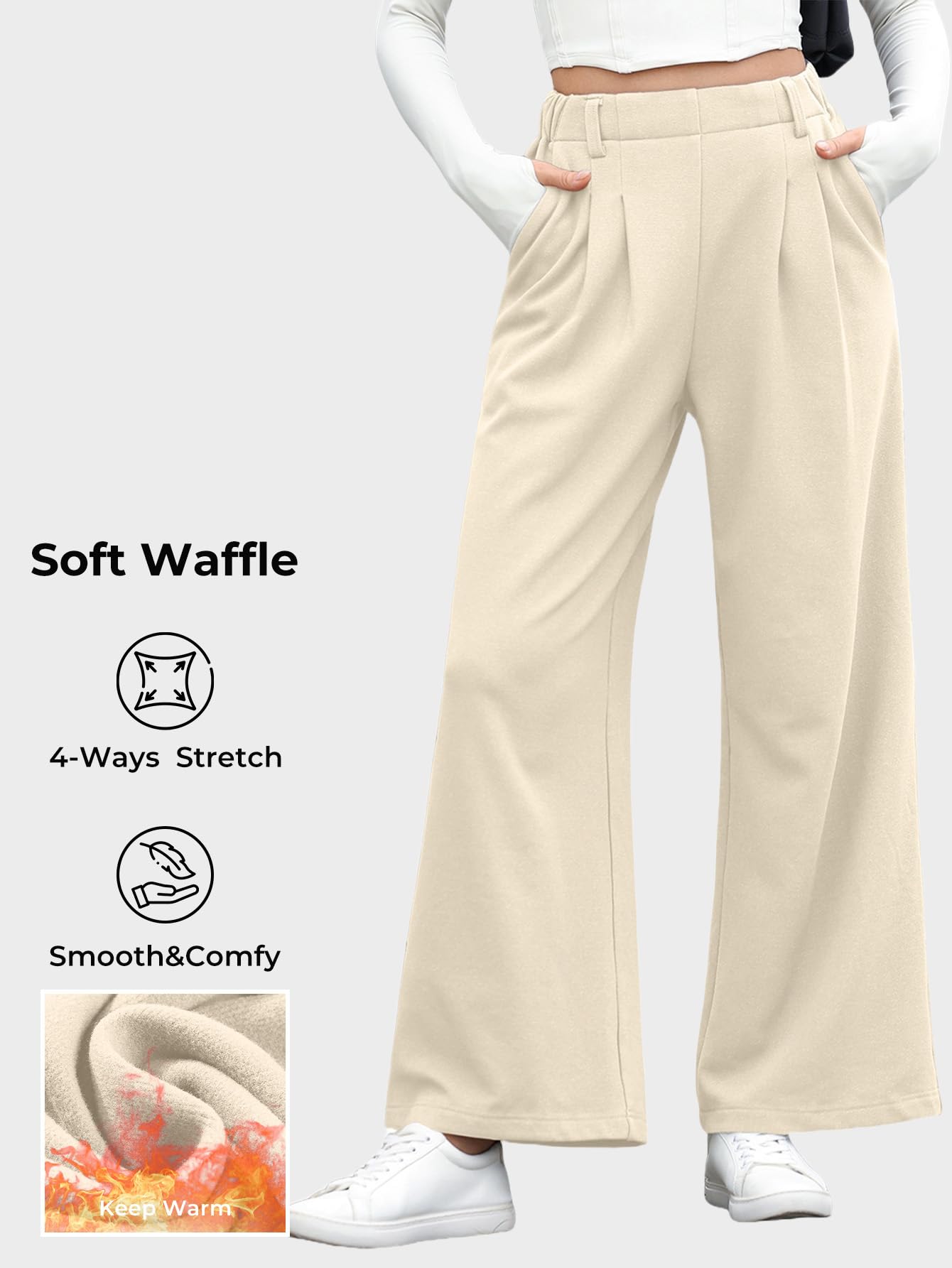 EVALESS Women's High Waisted Wide Leg Palazzo Pants - Soft Waffle Knit Fleece Lounge Pants with Elastic Waistband & Pockets | Comfortable Winter Casual Pants for Home, Office & Travel