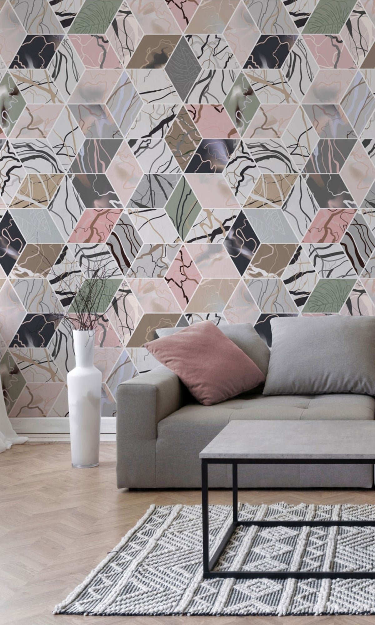 Honeycomb Marble Mural Wallpaper M1326 - Modern Peel & Stick Sample for Living Room, Bedroom, or Office Decor
