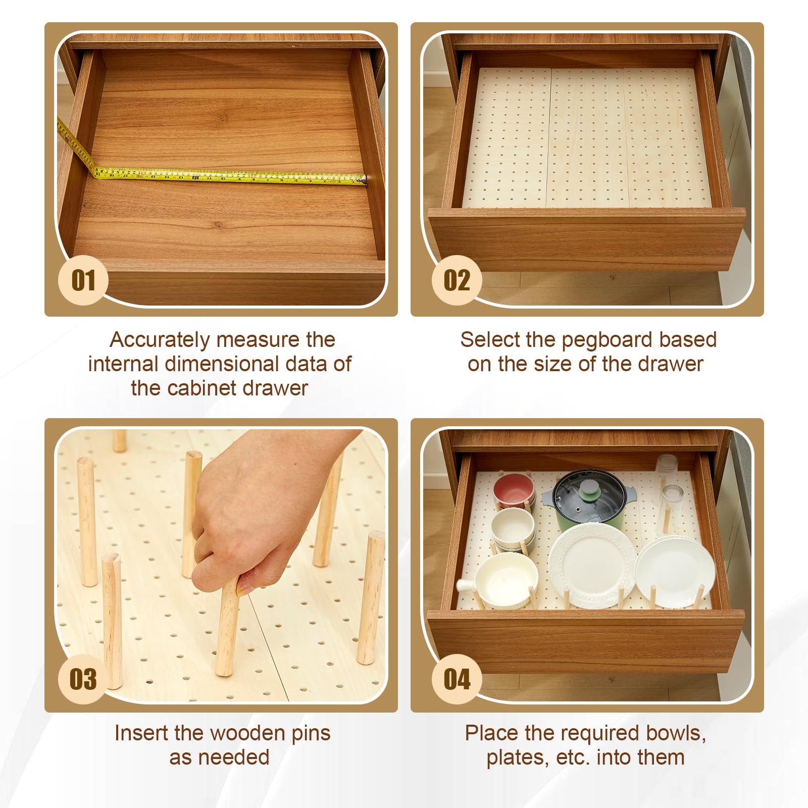 Kigley 6-Piece Wooden Pegboard Drawer Organizer Set with 48 Pegs - Kitchen Drawer Organizer for Dishes, Food Containers & Utensils (20.98