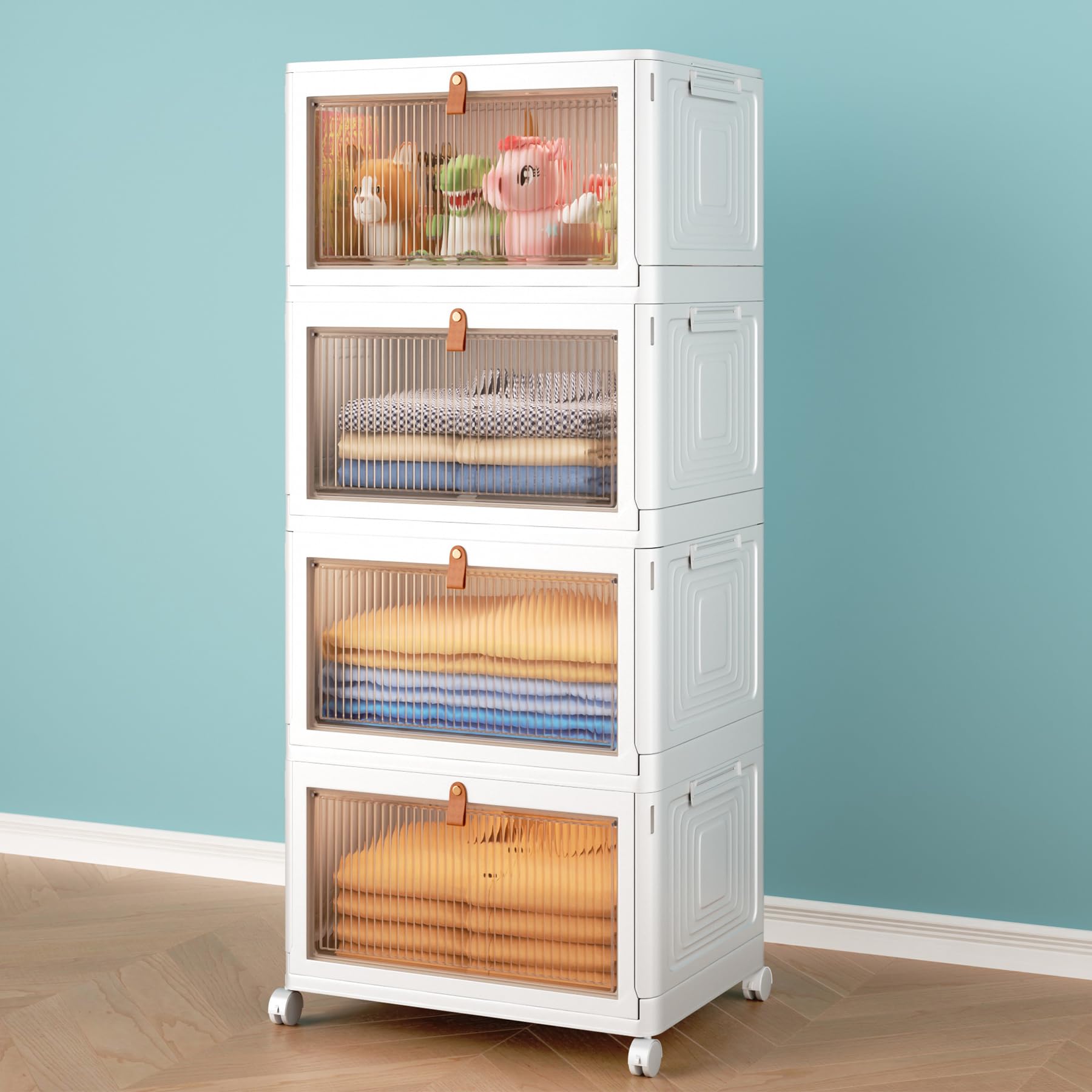 4-Tier Stackable Storage Bins with Lids & Wheels - 23QT Collapsible Plastic Storage Containers for Closet, Home, Office & Dorm Organization - Perfect for Seasonal Clothes, Toys, Books & Household Items Storage