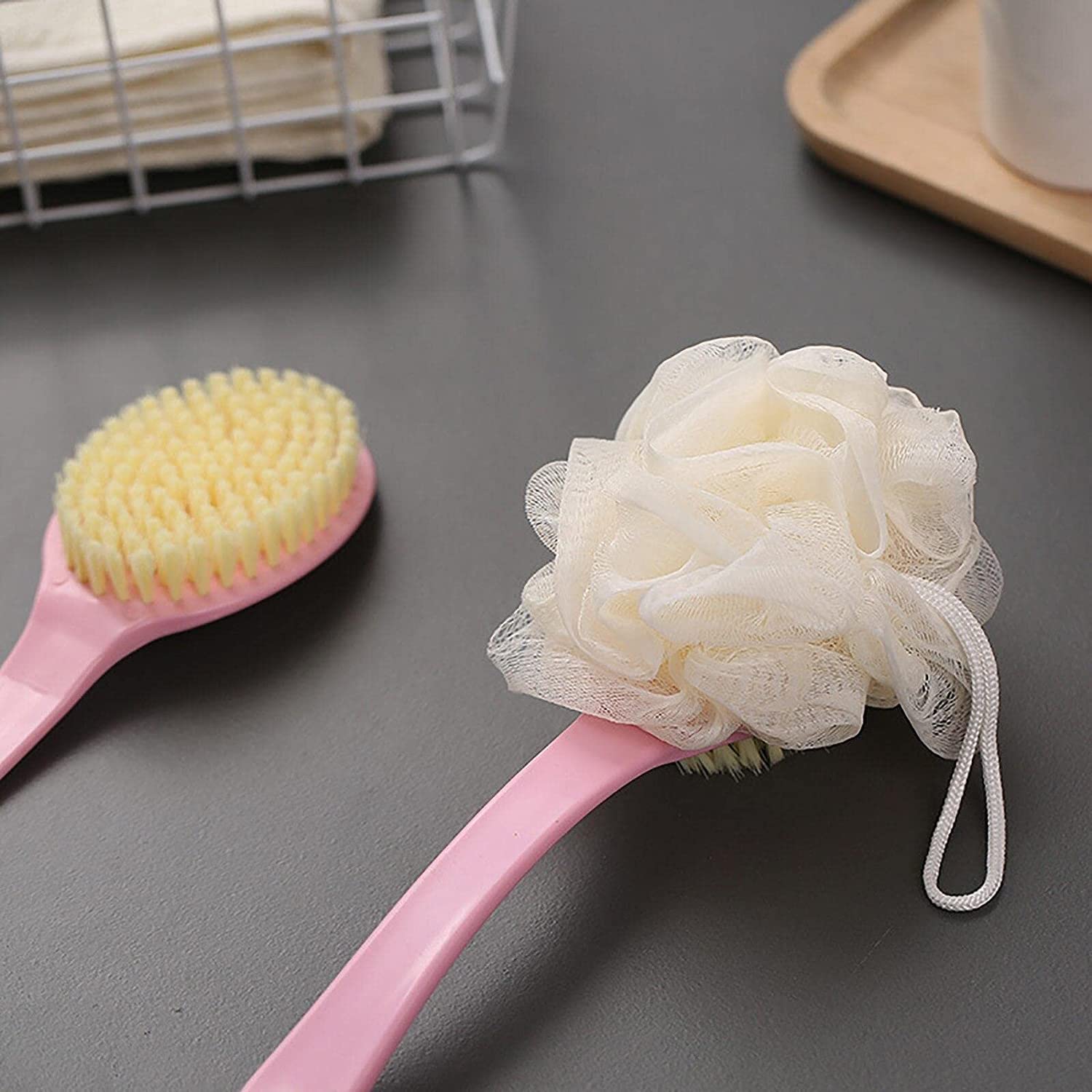 GREEVA 2 in 1 Bath & Body Brush with Soft Loofah & Bristles - Long Handle Back Scrubber for Shower or Dry Brushing - Exfoliating Brush for Women & Men - Perfect for Face, Body & Spa Care - Ideal for Deep Cleansing & Skin Exfoliation in Daily Shower Routine