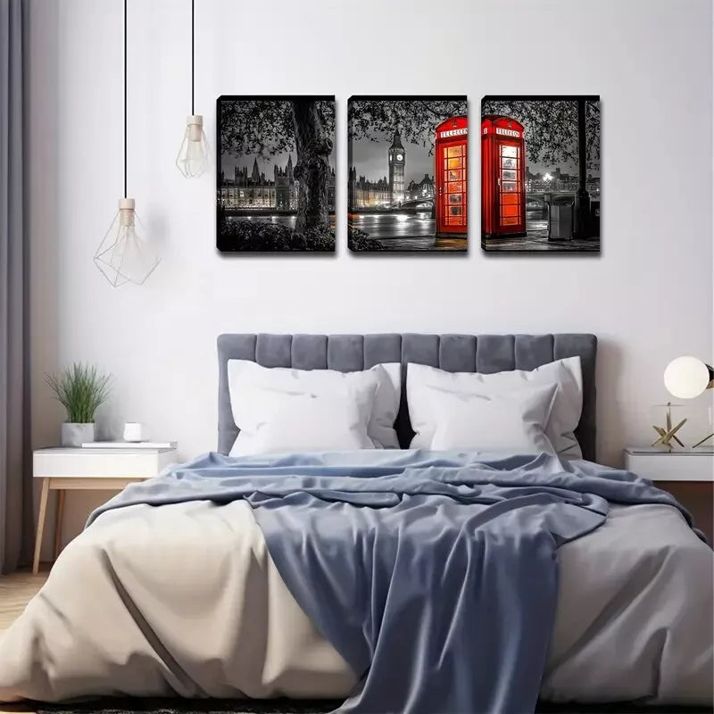 3-Piece City Road Phone Booth at Night Wall Art Set - Framed Canvas 40x60cm - High Quality Print - 100% Australian Made - Ready to Hang - Perfect for Living Room, Bedroom & Office Decor