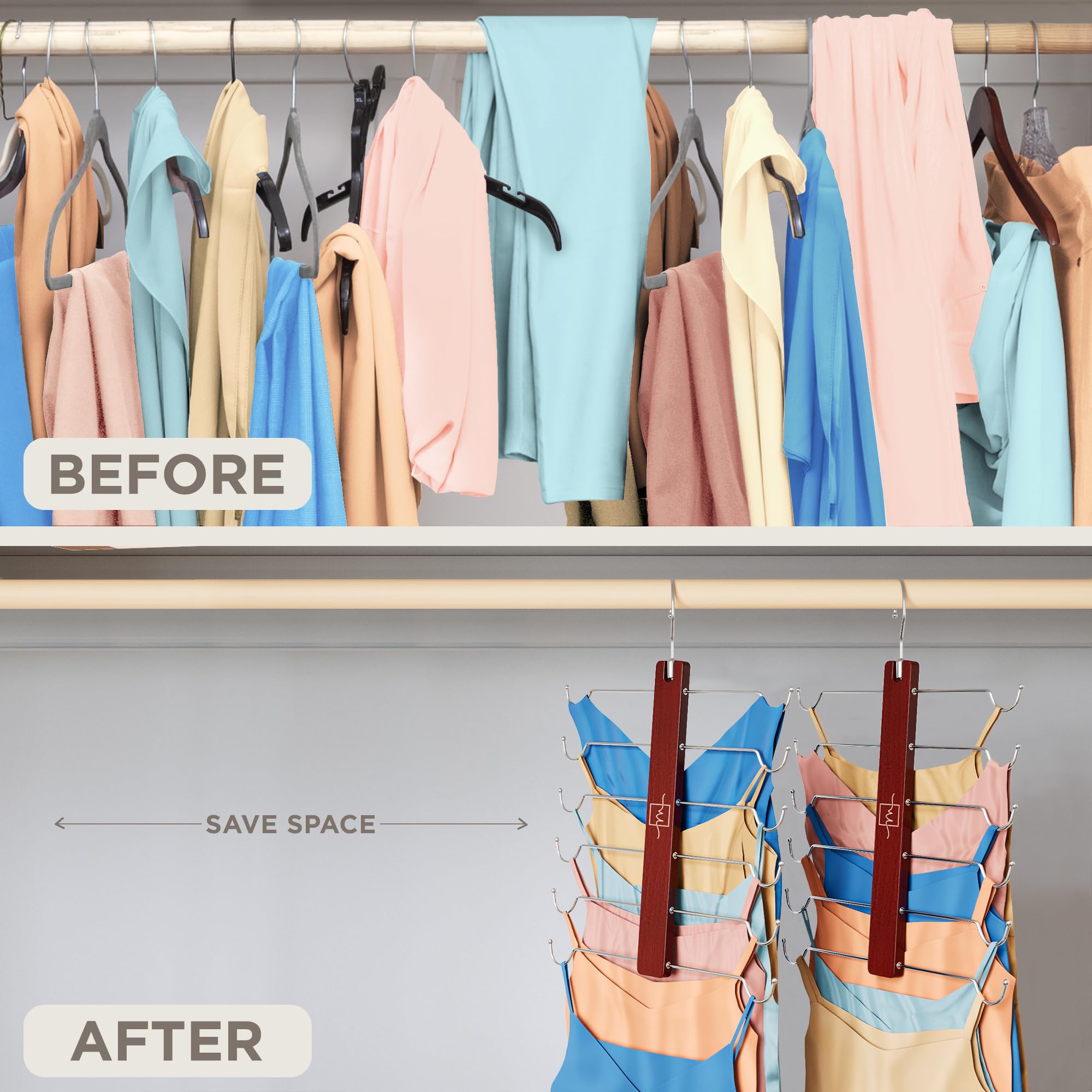 360° Swivel Hook Beechwood Hangers for Tank Tops & Bras - 2 Pack Space Saving Closet Organizer for Sports Bras, Cami Tops & Lingerie - Perfect for Small Closets, Dorm Rooms & Travel Wardrobe Organization