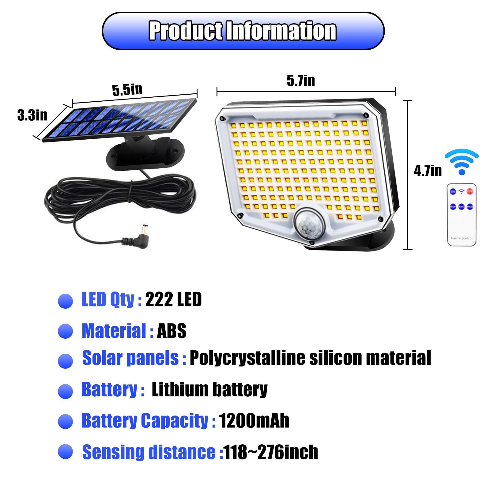 222LED Solar Security Lights Outdoor Motion Sensor - Waterproof Solar Flood Lights with Remote & 3 Modes, 16.4ft Cable (2 Pack) - Perfect for Driveway, Garden, Patio, and Backyard Lighting