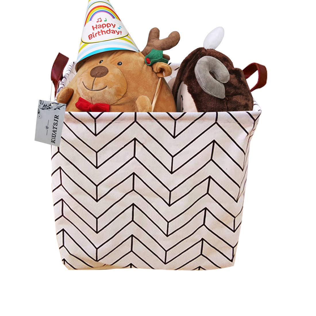 Square Canvas Toy Storage Bins with Handles - Collapsible Organizer for Nursery, Kids Toys & Laundry | Foldable Fabric Basket for Home Organization | Perfect for Playroom, Bedroom & Gift Giving (White Geometric Pattern)
