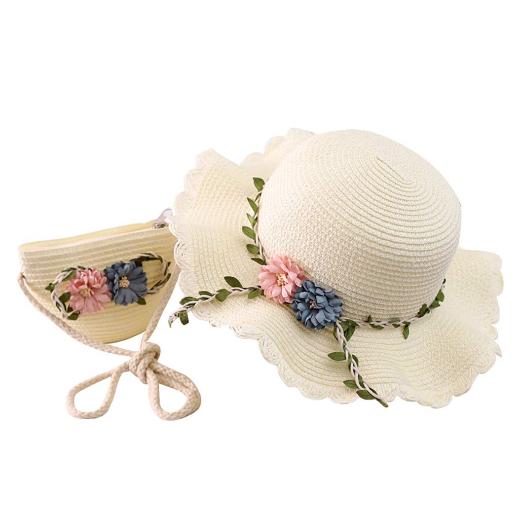 Girls Sun Hat with Bag Set - Wide Brim Straw Bucket Hat for Kids Age 2-8, Floral Design for Outdoor Beach Travel & Summer Vacation - White One Size