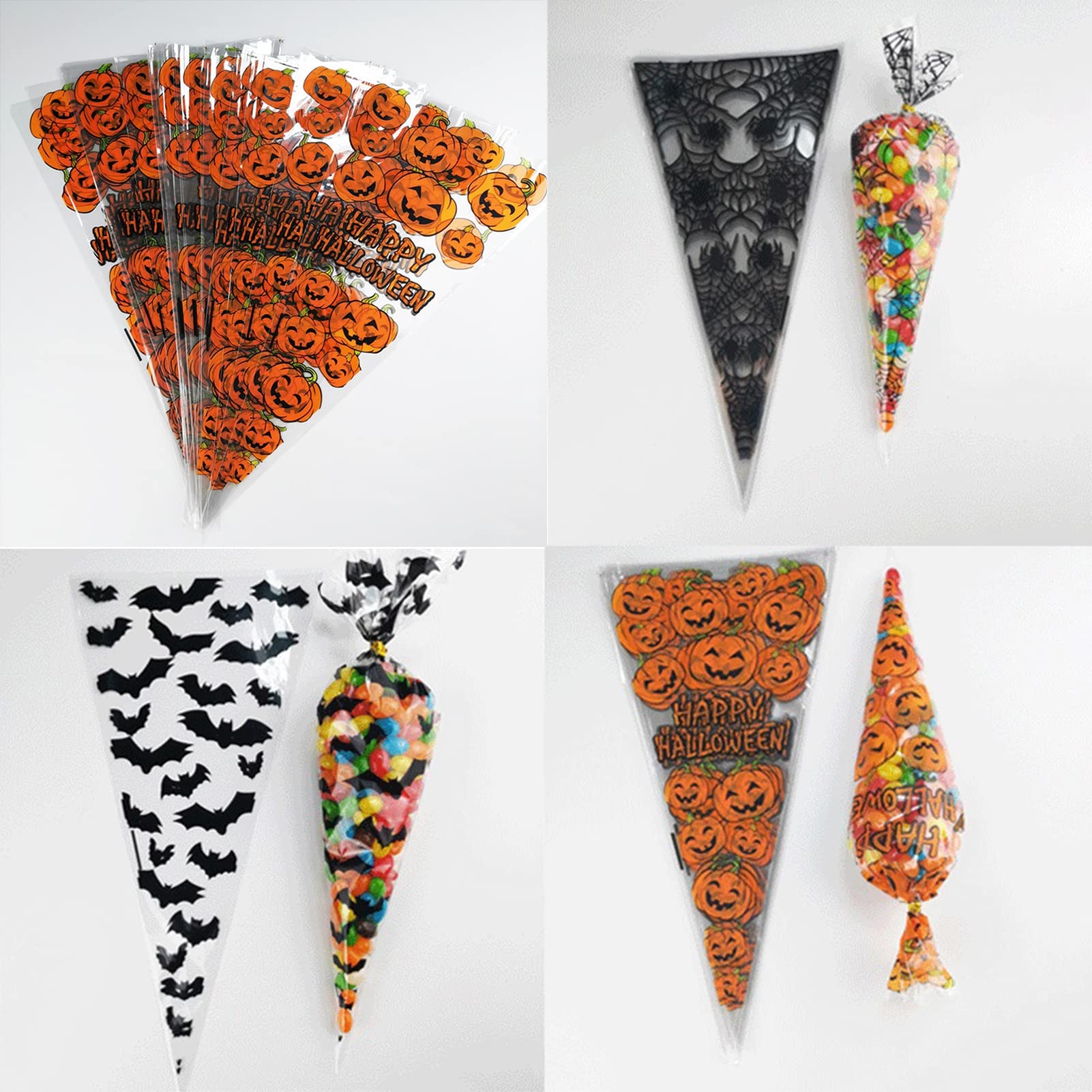100 Pcs Halloween Cone Bags - Triangle Pumpkin Bat Spider Cellophane Treat Bags for Halloween Christmas Party Favors, Snacks, Chocolates, Candy, Popcorn & Cookies - 15X7 Inch Spider Design - Perfect for Trick-or-Treat, Classroom Treats & Holiday Gift Wrapping