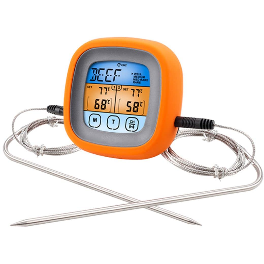 Wireless Touch Screen Digital Meat Thermometer - Dual Probe Food Thermometer with Large LCD Display, Backlight, Long Probe & Kitchen Timer for Grilling, Smoking, Baking & Cooking