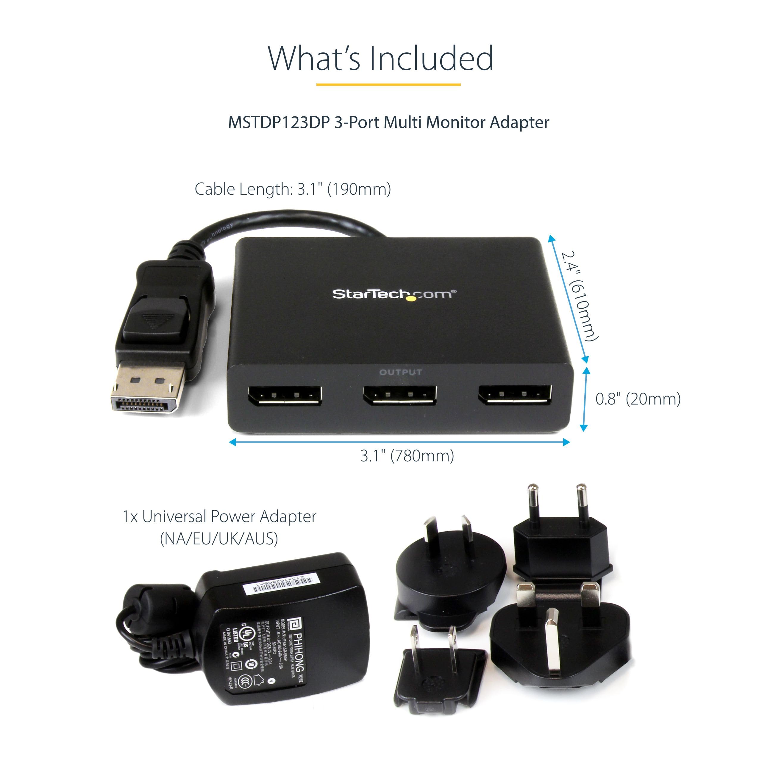 StarTech.com 3-Port DisplayPort 1.2 Splitter - Multi-Monitor Adapter for Dual 4K 30Hz & 1080p 60Hz - MST Hub for Windows PCs (MSTDP123DP) - Perfect for Gaming, Office Work & Video Editing