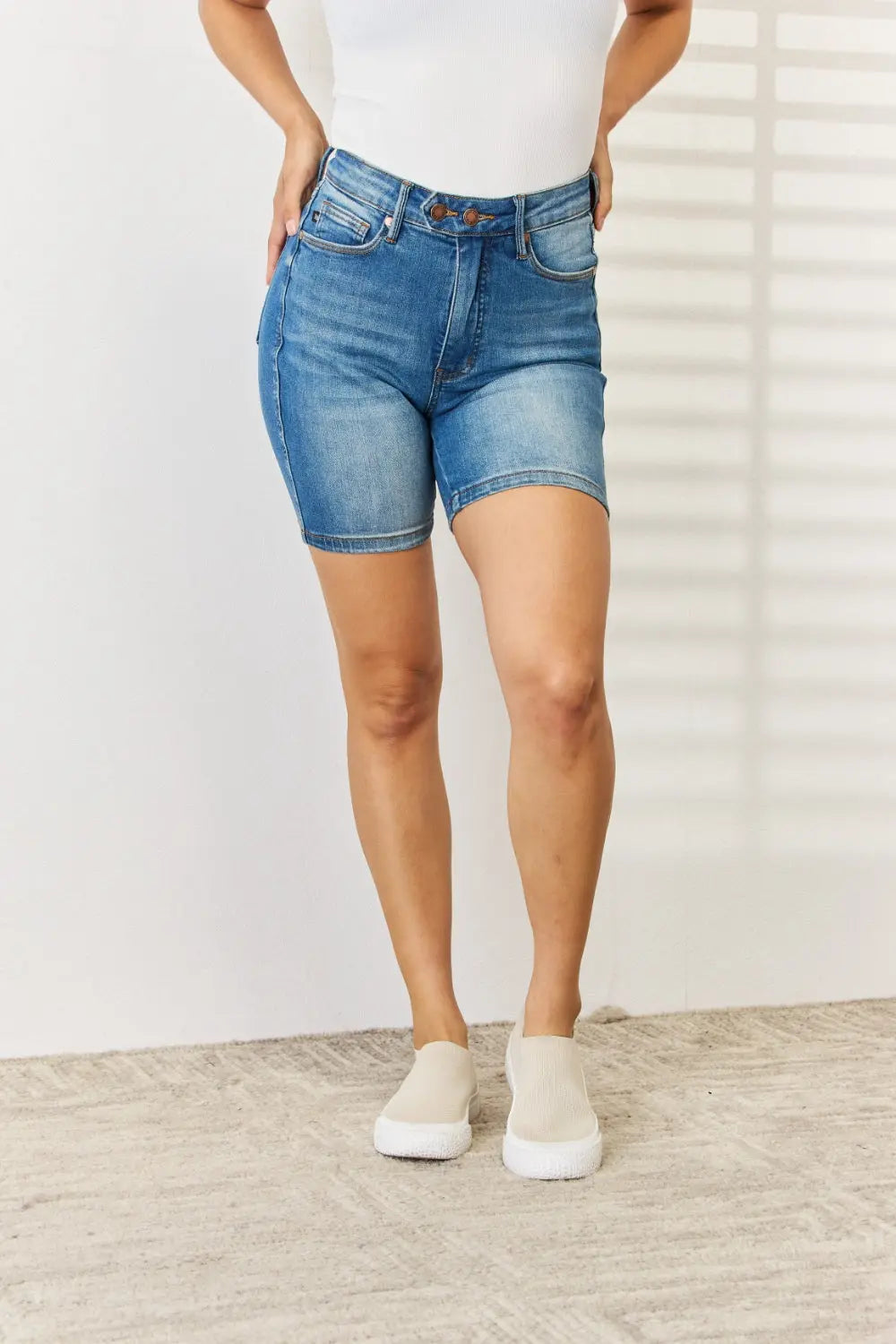 Judy Blue Women's Tummy Control Bermuda Denim Shorts with Double Button Closure - High Waisted Stretch Denim Shorts for Summer, Casual Wear & Beach Outfits