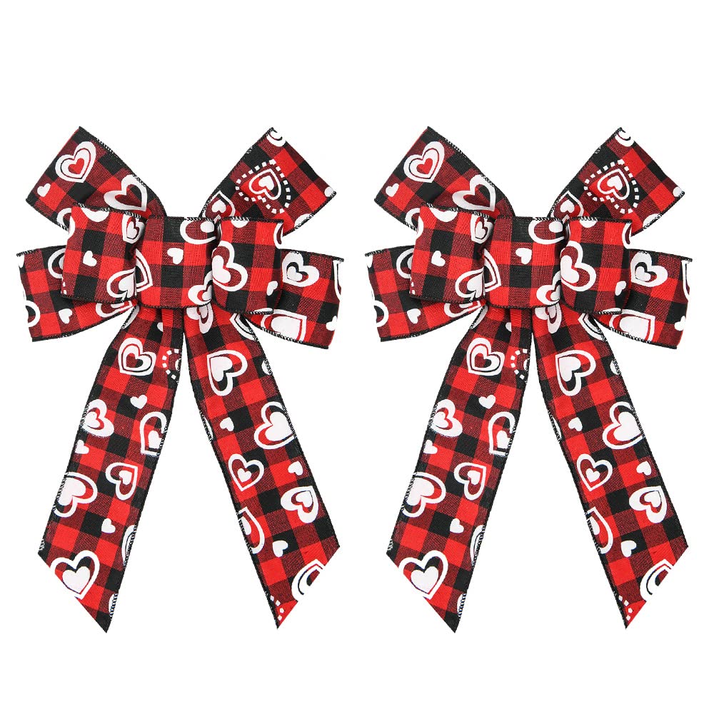 2 PCS Valentine's Day Wreath Bows - Black Red Buffalo Plaid Burlap Bows with Heart Design for Front Door Decor, Valentine's Party, Home & Gift Decoration | Perfect for Wreath Embellishment, Door Hanging, and Holiday Celebration Decor