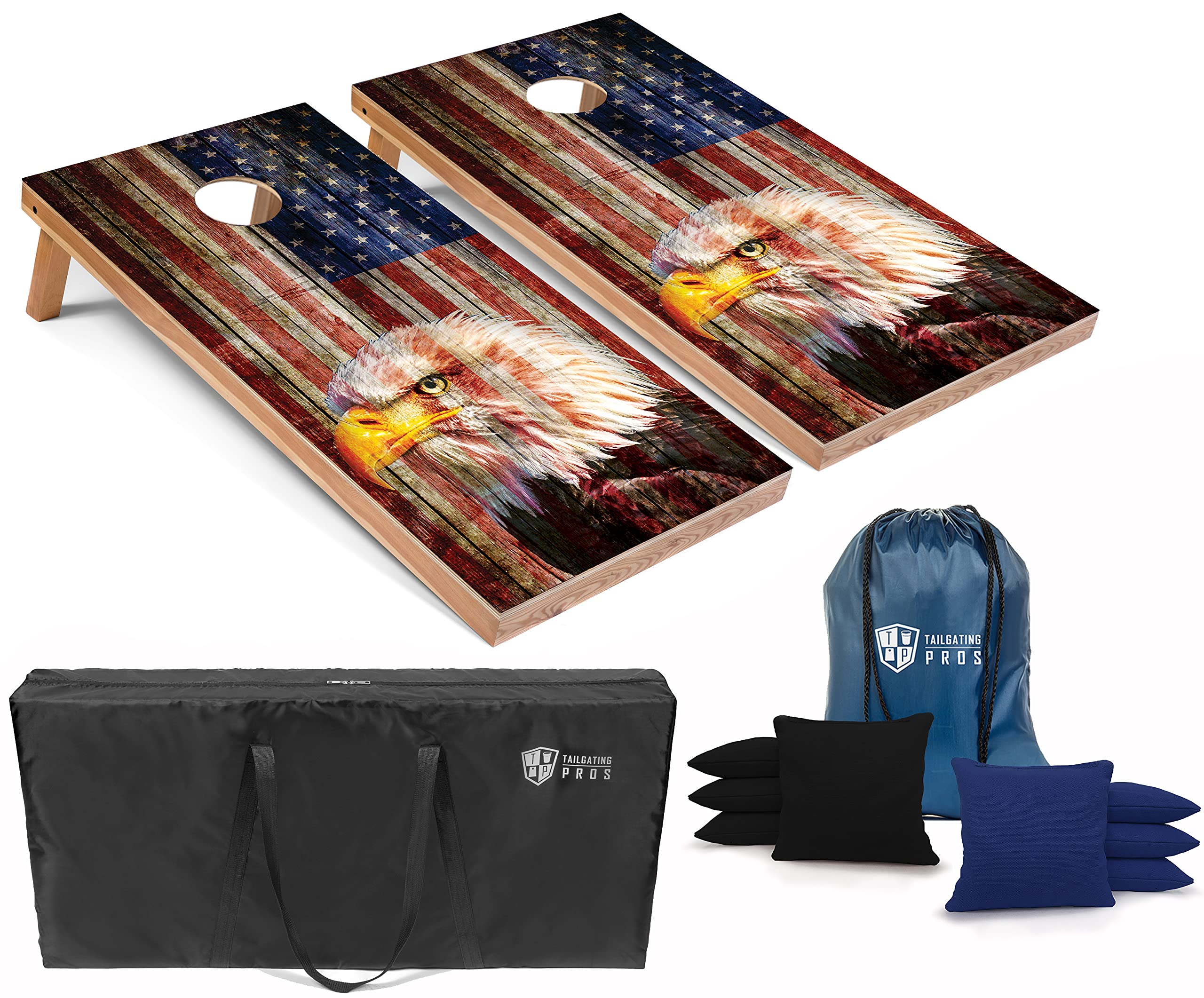 Patriotic Eagle US Flag Cornhole Board Set with Bean Bags & Carrying Case - 4'x2' Premium Outdoor Toss Game for Backyard, Tailgating & Parties - Includes Optional LED Lights for Night Play