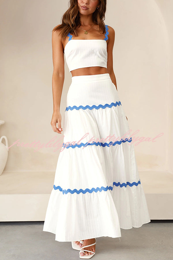 Stylish Island Beauty Wave Trim Patchwork Crop Top & Elastic Waist Skirt Set | Summer Beach Outfit, Vacation Wear, Boho Chic Fashion