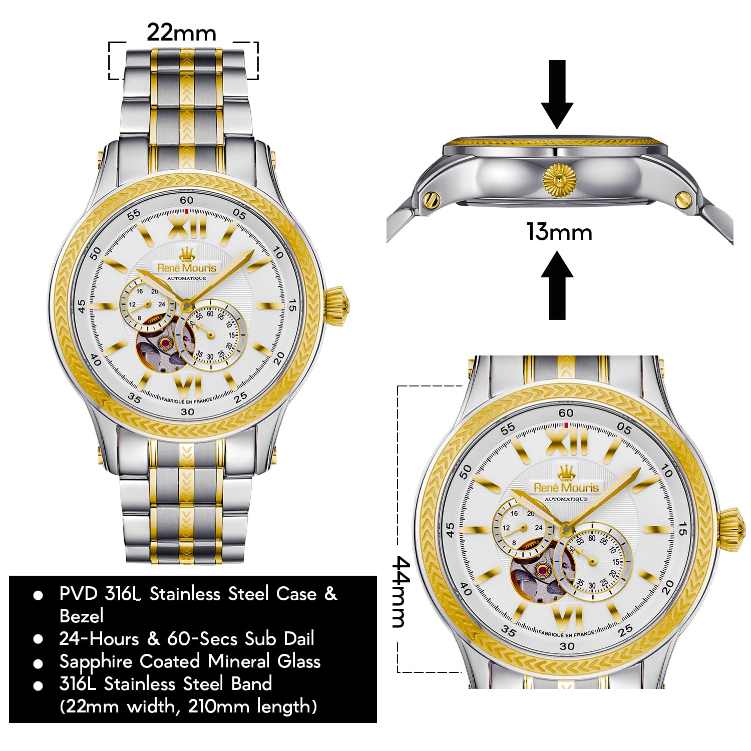 René Mouris Men's Automatic Watch - 44mm Stainless Steel Skeleton Design, Sapphire Crystal, 100M Waterproof - Luxury Dress Watch for Business, Formal Events & Everyday Wear