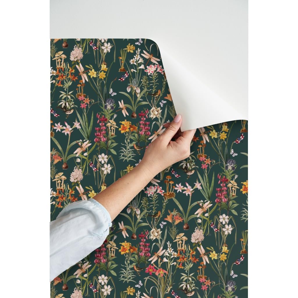 Peel & Stick Wallpaper 12ft x 2ft - Garden Dragonflies Spring Botanical Woodland Floral Custom Removable Wallpaper by Spoonflower | Perfect for Bedroom, Nursery, Living Room & Office Decor