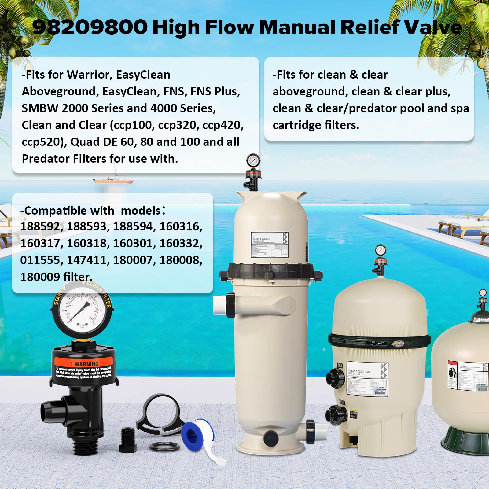 Pool Filter Air Relief Valve with Pressure Gauge - Manual Air Release Valve for Swimming Pool and Spa Filters - Replacement Kit Includes Gauge Plug, O-Rings & Clips - Perfect for Hayward, Pentair & Other Pool Filter Systems - Easy Maintenance & Water Pressure Regulation
