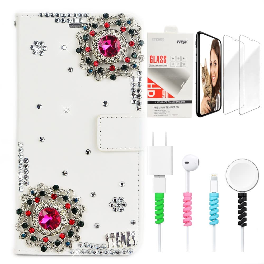 STENES Bling Wallet Phone Case for Samsung Galaxy Z Fold 4 5G - 3D Crystal Flower Glitter Leather Cover with Card Holder, Screen Protector & Cable Protector - Elegant White Case for Women - Perfect for Parties, Dating & Everyday Use