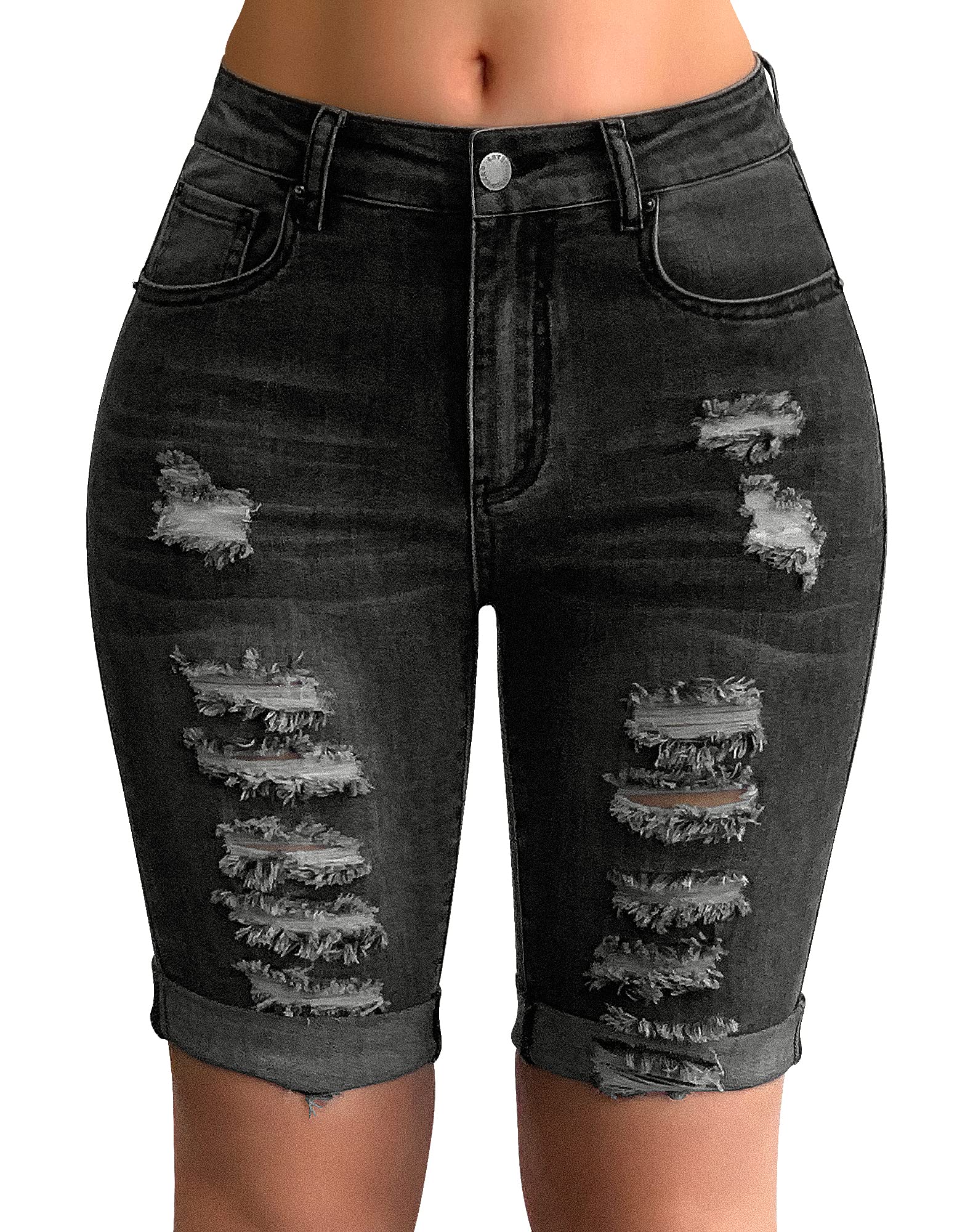 Roswear Women's Distressed Knee-Length Ripped Stretchy Denim Shorts - Comfortable High Waisted Jean Shorts for Summer, Casual Outfits & Beach Vacations