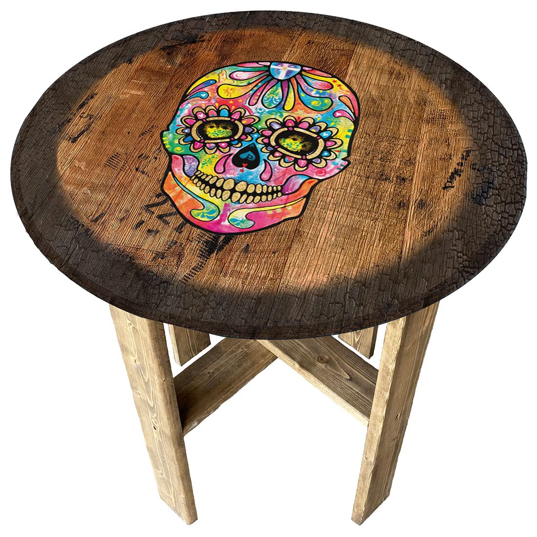 Vintage Whiskey Barrel End Table with Neon Sugar Skull Design - Rustic Pub & Farmhouse Decor Accent Table for Living Room, Man Cave or Home Bar