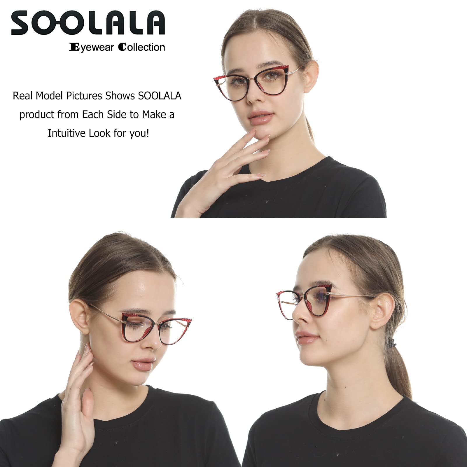 SOOLALA Women's Blue Light Blocking Glasses - TR90 Lightweight Spring Hinged Cat Eye Reading Glasses for Computer, Office & Nighttime Reading