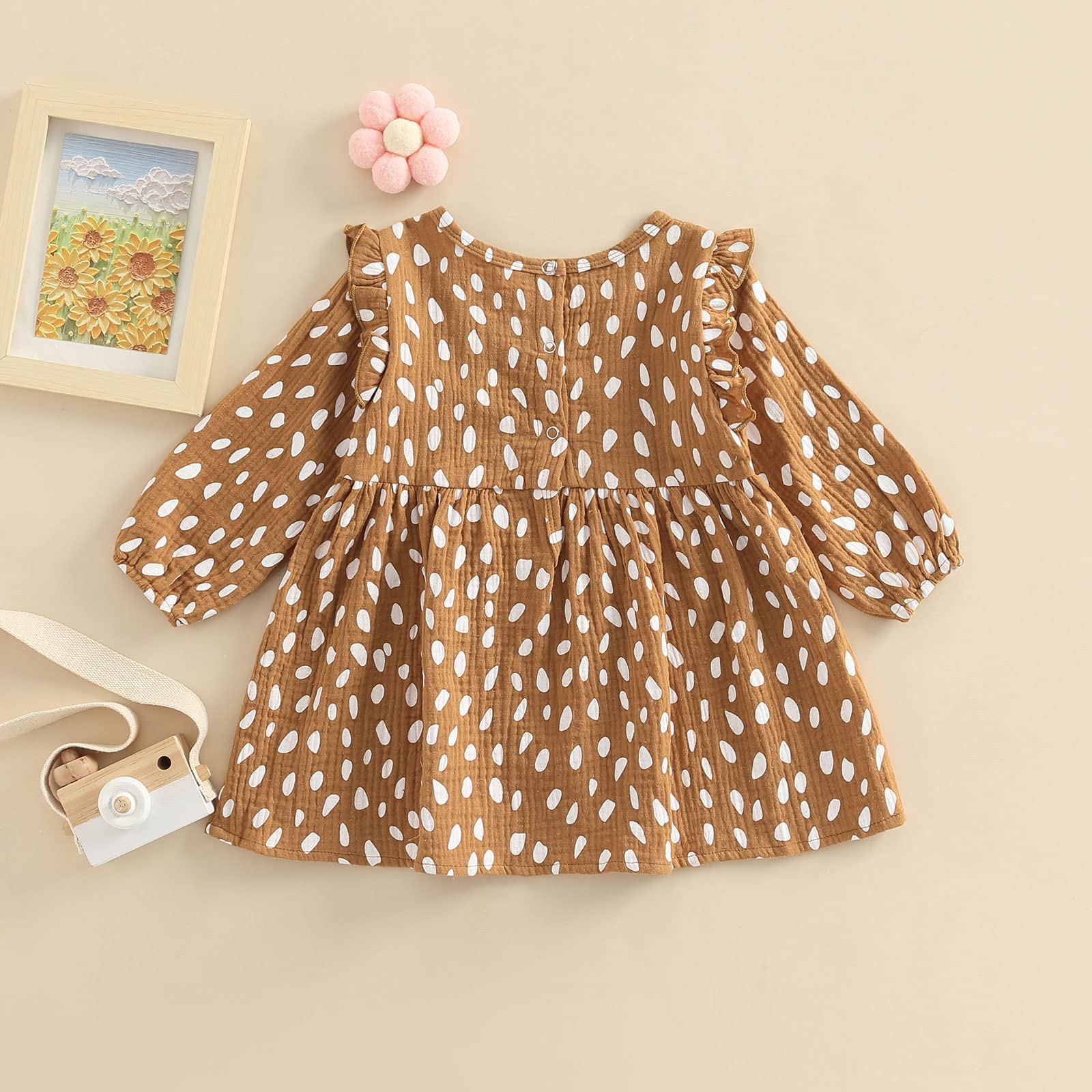 Toddler Girls Ruffle Long Sleeve Dot Print Dress - Cute Princess Party Outfit for Spring Fall Winter - One-Piece Overall for Birthday, Holiday & Special Occasions