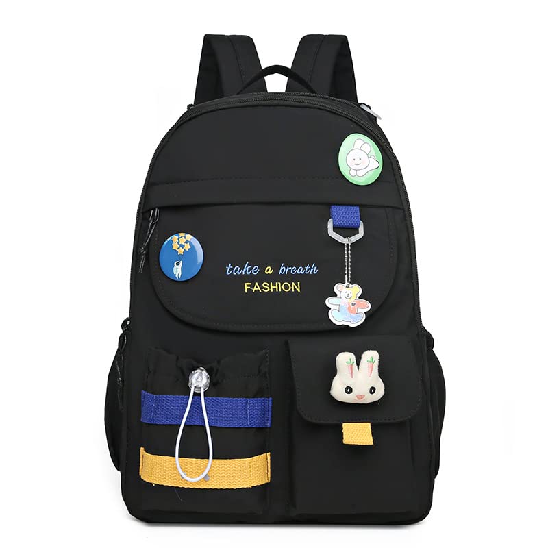 Cute Aesthetic Canvas Backpack for Women & Girls - Kawaii Daypack with Pins Accessories, School Supplies for College Students - Perfect for School, Work, Travel & Daily Use (Black)
