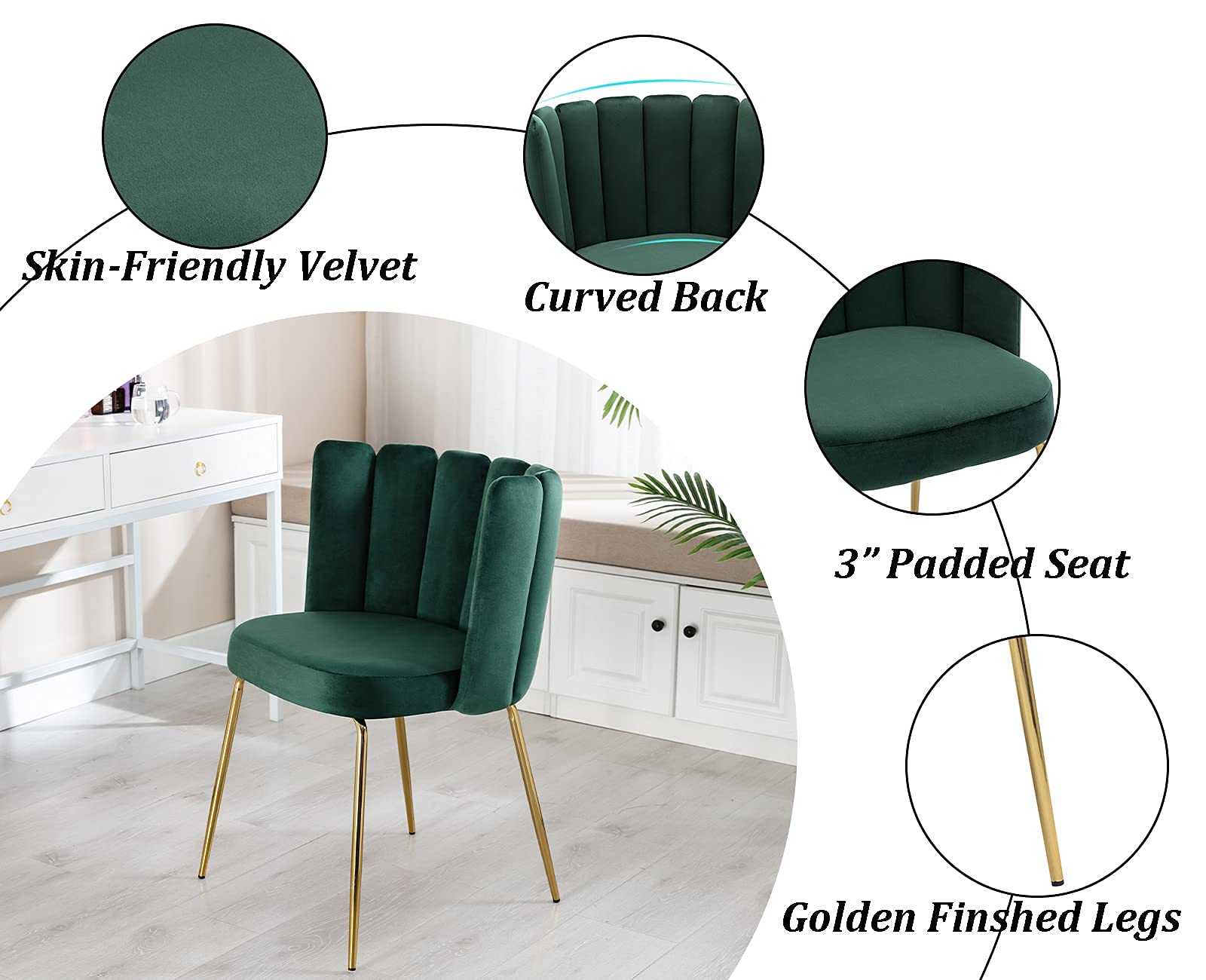 Luxury Velvet Dining Chairs Set of 2 - Modern Upholstered Accent Chairs with Gold Metal Legs for Kitchen, Living Room & Dining Room - Dark Green Mid-Century Style Seating for Home Decor & Entertaining