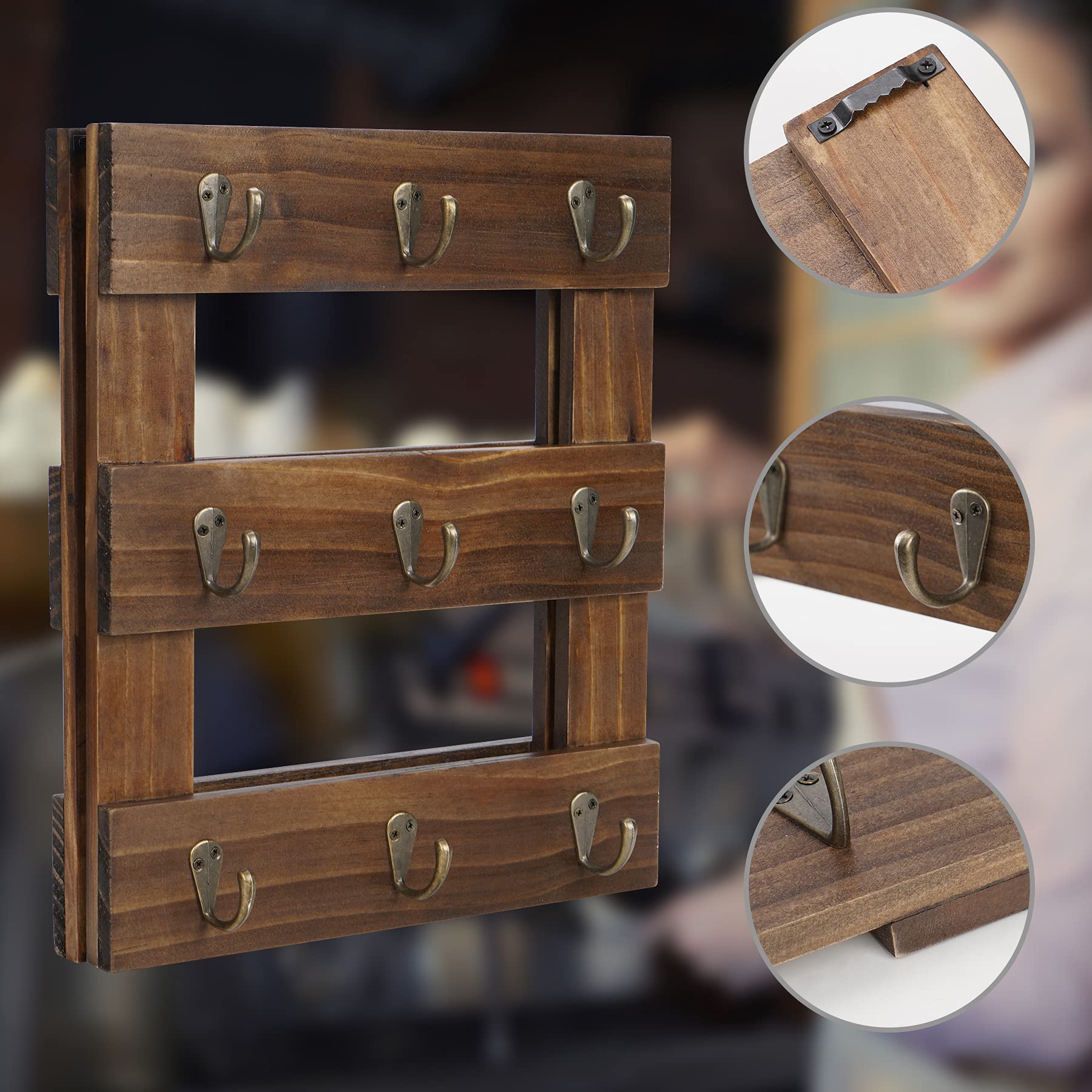 Foldable Wall Mounted Wood Coffee Mug Holder Stand with 18 Hooks - Dark Brown Cup Rack Organizer for Coffee Station, Kitchen Storage & Home Decor - Perfect for Small Spaces, Dorm Rooms & Office Organization