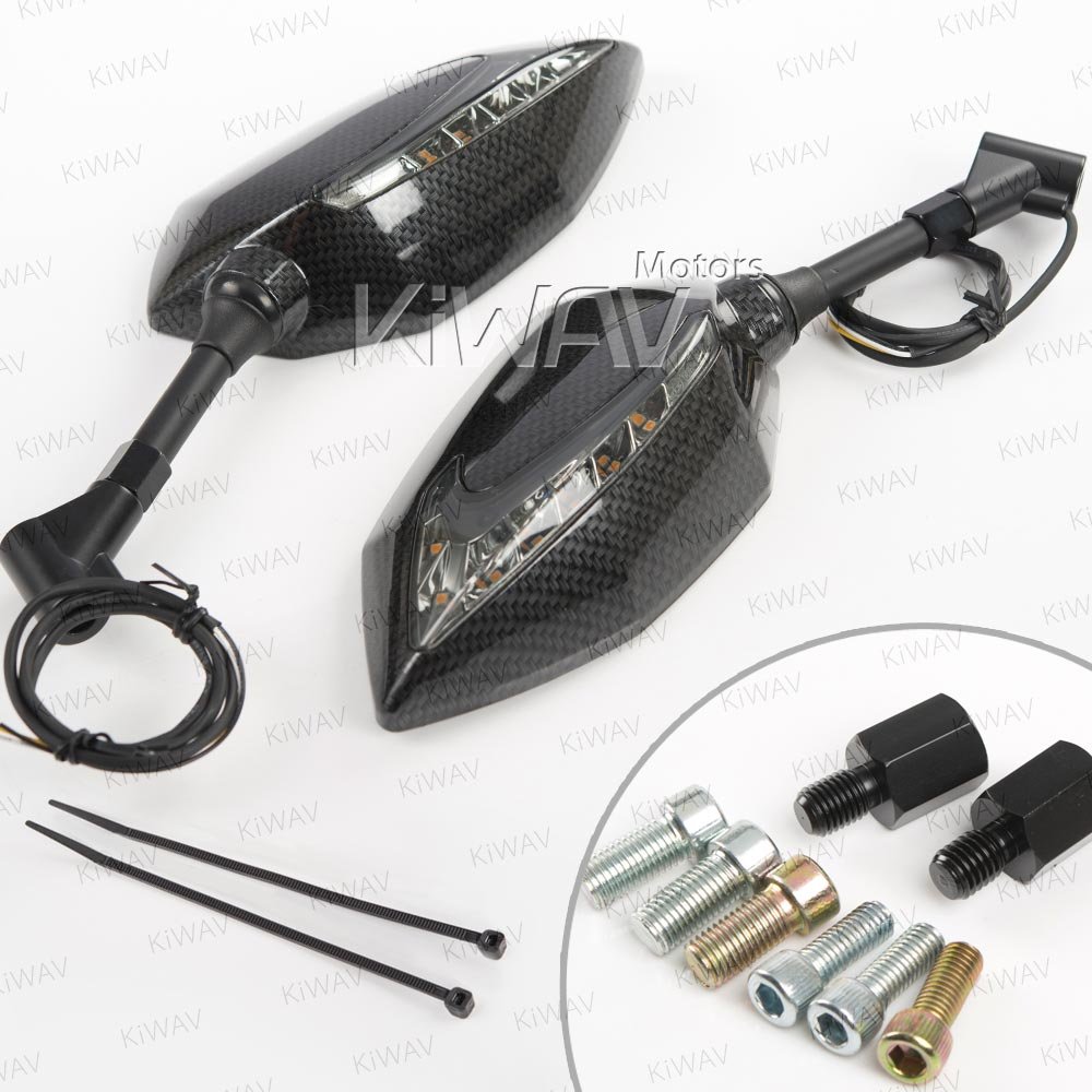 KiWAV Lucifer Carbon Fiber Motorcycle Mirrors - Dual LED Waterproof Turn Signals with Sequential Effect (10mm 1.5 Pitch) - Compatible with BMW R1200GS, R1250GS - Enhanced Visibility for Night Riding & Urban Commuting