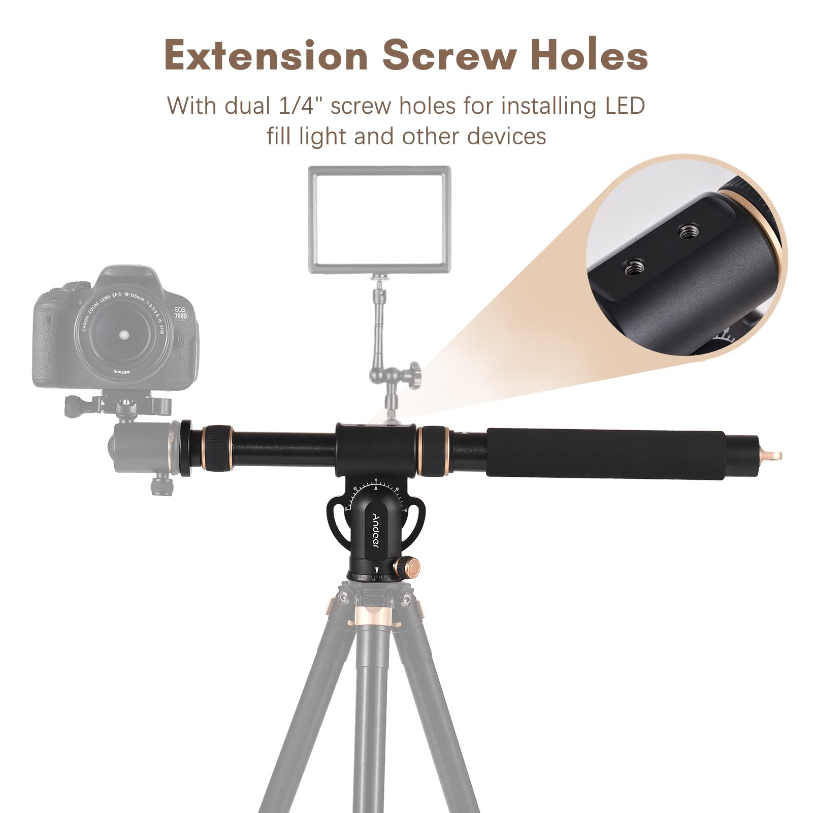 Andoer Universal Tripod Extension Arm - 48-106cm Aluminum Alloy Detachable Extender with 360° Rotatable Base & 5kg Load Capacity | Horizontal Centre Column for DSLR Camera, Video Lighting, Microphone Boom Arm | Perfect for Photography, Videography, Live Streaming & Studio Setup