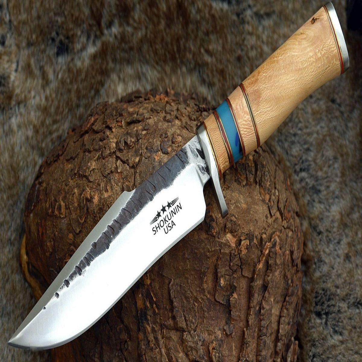Premium Damascus Steel Bowie Knife with Exotic Leopard Wood Handle - Hunting, Camping & Outdoor Survival Essential