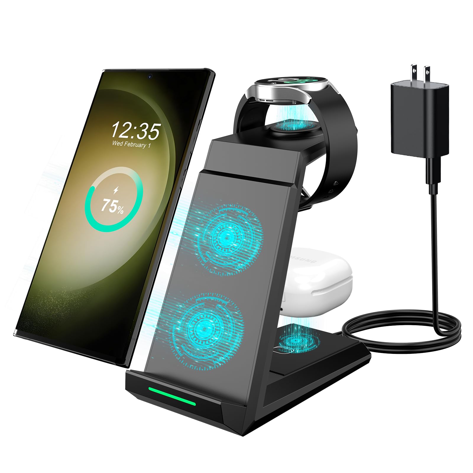 ADADPU 3-in-1 Fast Wireless Charging Station for Samsung Galaxy S25/S24/S23 Ultra/S22/S21/Z Flip/Fold 4, Galaxy Watch 6/5/4/3/Pro & Buds - Compact Charging Dock for Home, Office & Travel