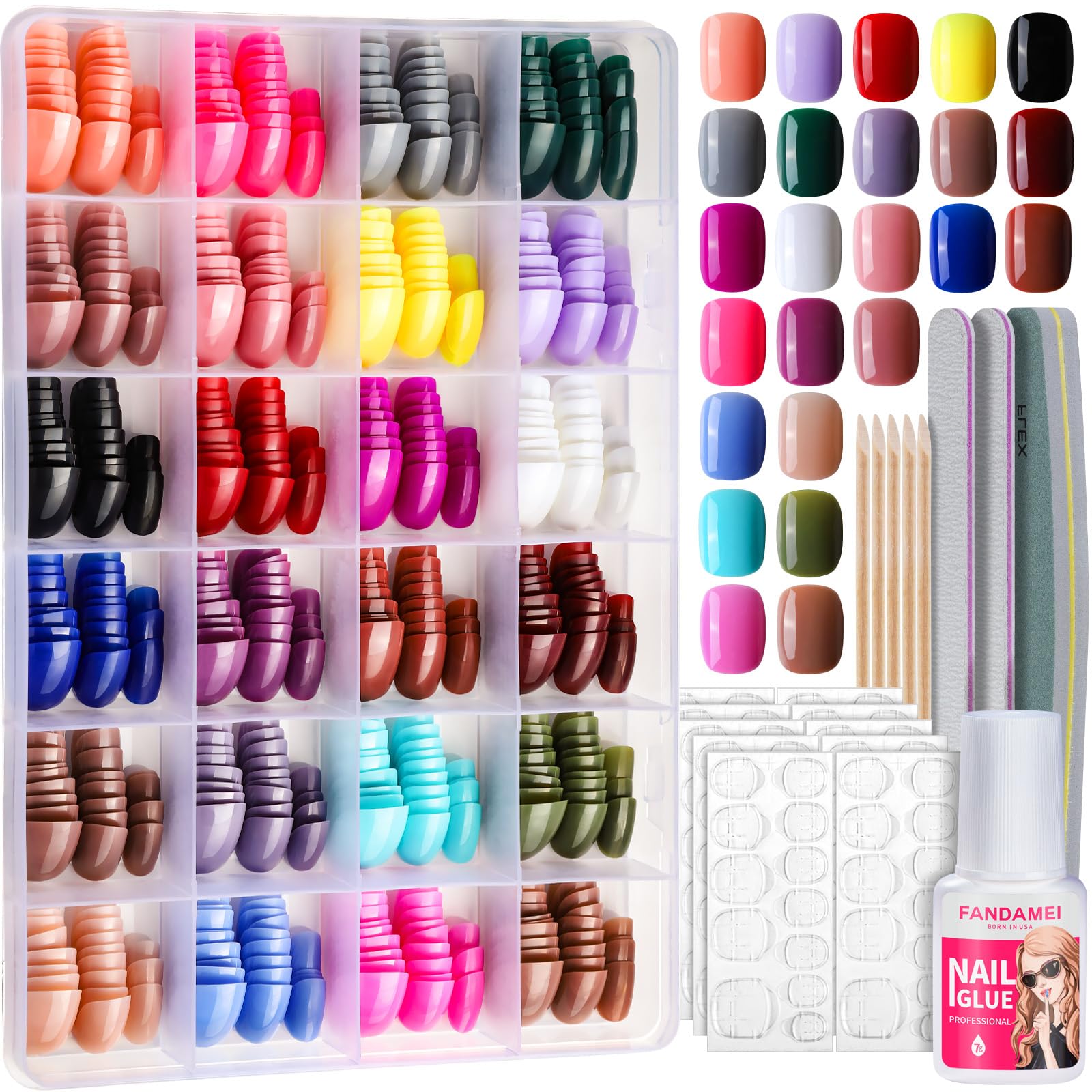 FANDAMEI Short Press on Nails - 24 Pack 576PCS Small Round Fake Nails with Glue, 24 Glossy Colors for Small Hands | Perfect for Daily Wear, Parties, Weddings & Special Occasions
