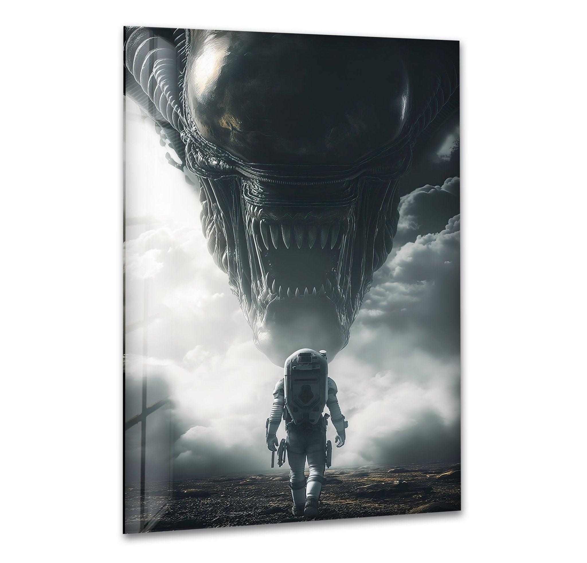 Alien & Astronaut Glass Wall Art - Modern Space Themed Home Decor for Living Room, Bedroom & Office - Unique Sci-Fi Gift for Space Enthusiasts