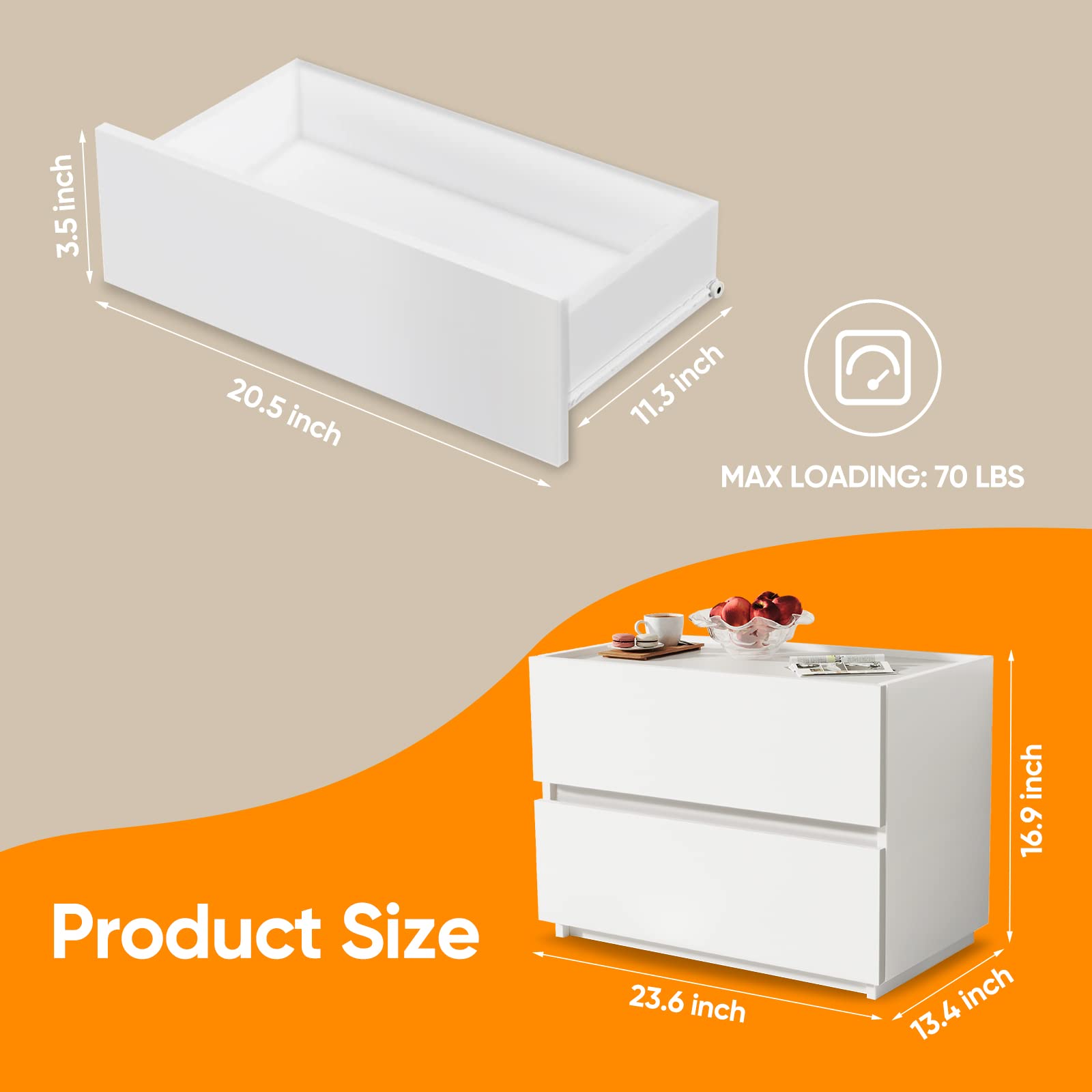 Furtble Stackable 2-Drawer Dresser - White Wooden Storage Cabinet for Bedroom, Closet & Entryway (23.6 Inch) | Compact Nightstand, Sofa Side Table & Hallway Organizer | Perfect for Small Spaces & Apartment Living