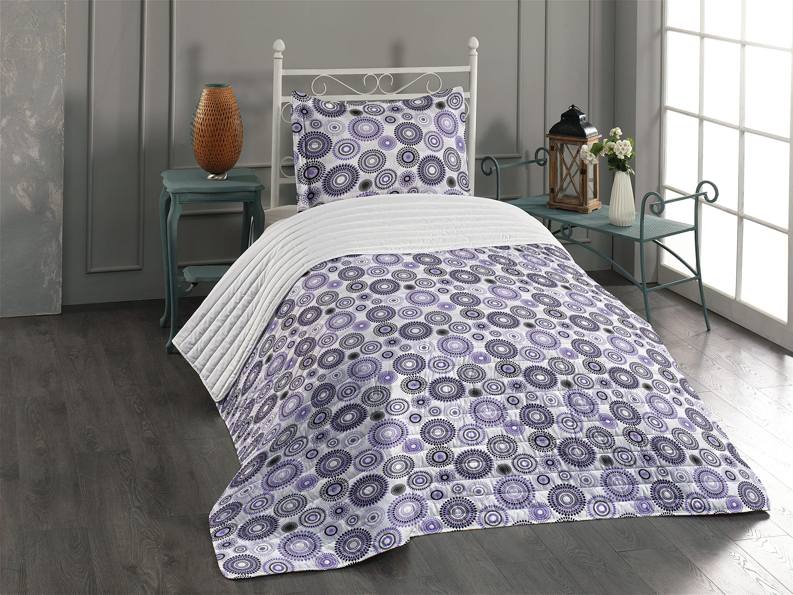 Ambesonne Purple and Black Microfiber Bedspread Set - Mandala Inspired Design with Scattered Round Patterns, Soft Twin Size Bedding Set Includes Comforter & Pillow Sham (Violet/Black/White) for Cozy Bedroom Decor & Boho Chic Home Styling