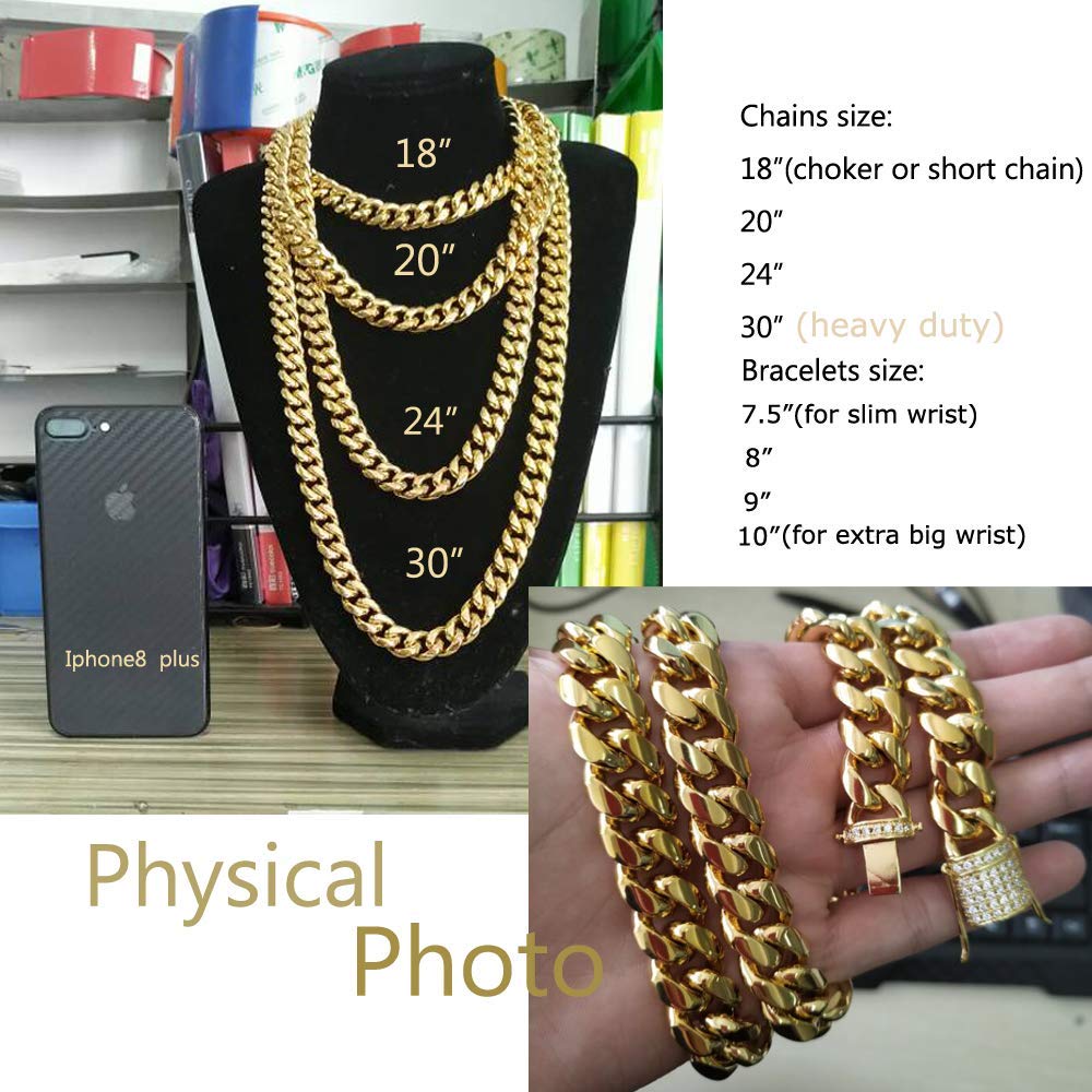 18K Gold Plated Miami Cuban Link Chain for Men - 15mm Stainless Steel Curb Necklace with CZ Diamonds | Hip Hop Jewelry, Gift for Him, Streetwear Accessory (Perfect for Parties, Dates & Special Occasions)