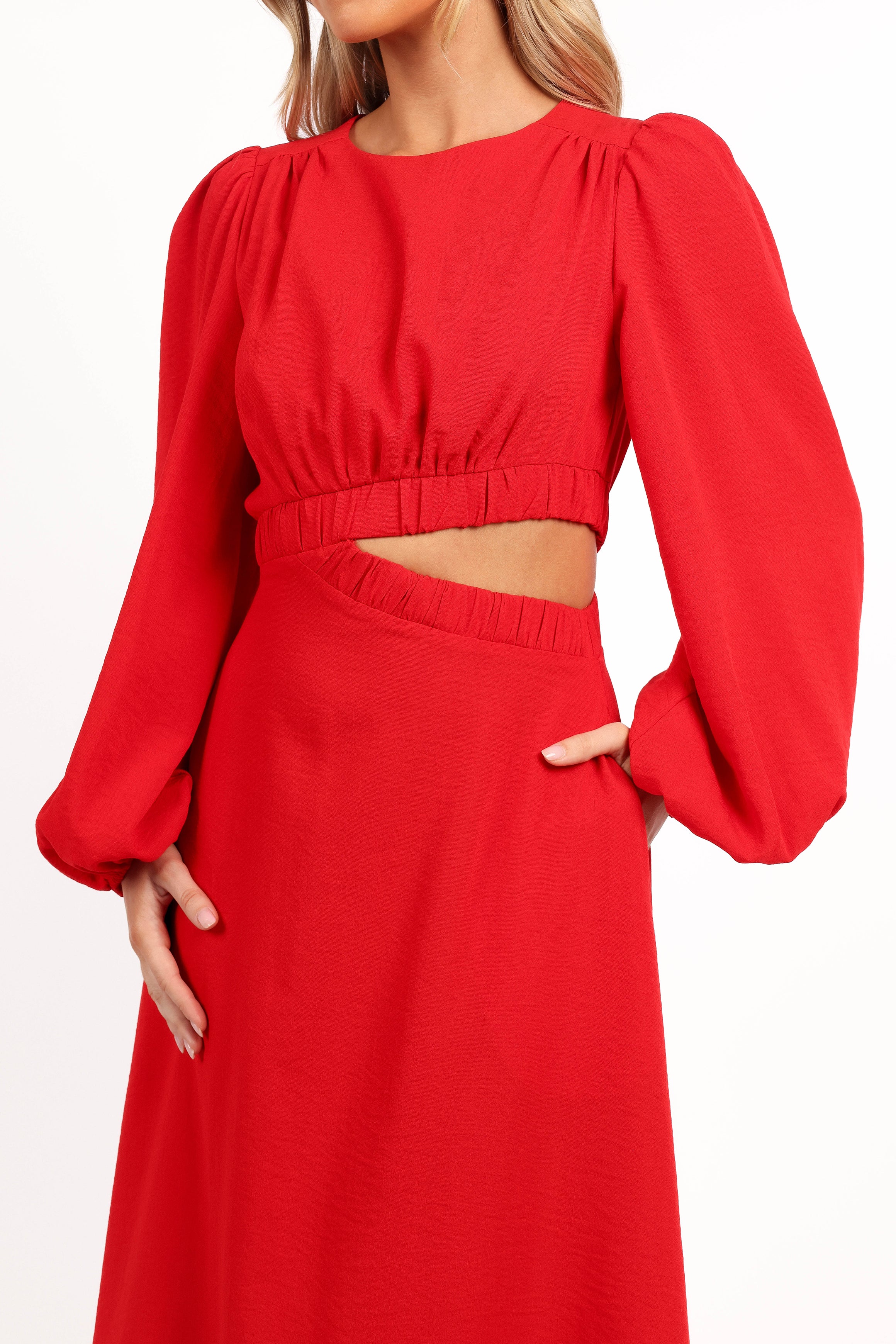 Ginnee Women's Red Puff Sleeve Cutout Midi Dress - Elegant Party & Cocktail Attire for Weddings, Date Nights & Special Occasions