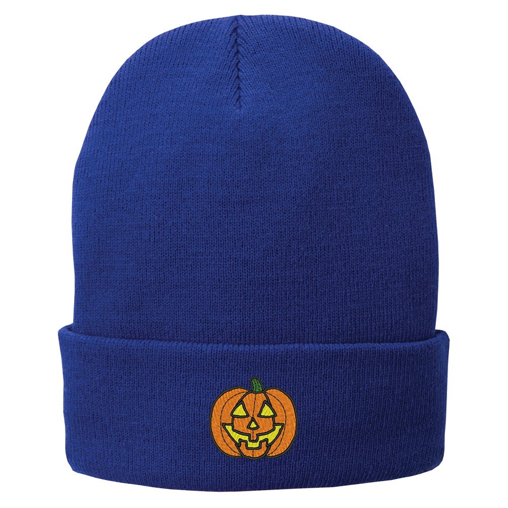 Trendy Halloween Pumpkin Embroidered Winter Beanie Hat for Women & Men - Warm Folded Long Knit Cap for Cold Weather, Outdoor Activities, and Holiday Costumes
