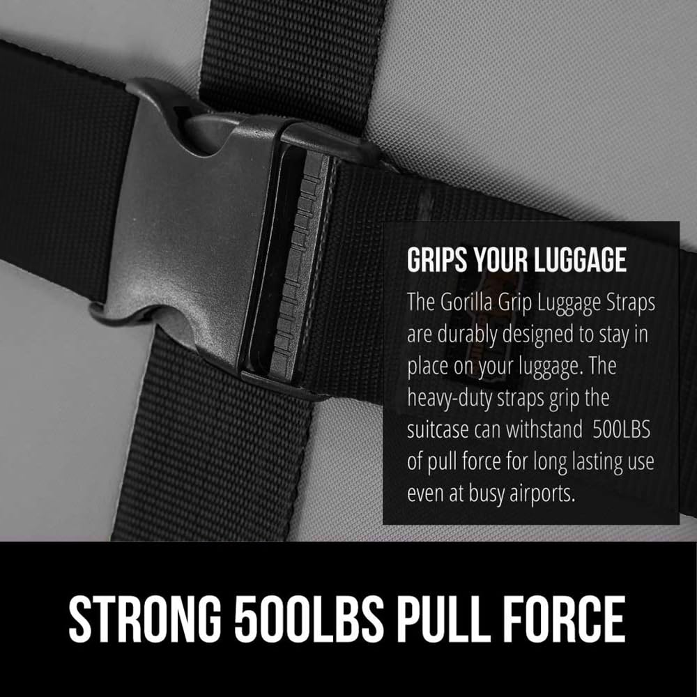 GORILLA GRIP Heavy Duty Adjustable Luggage Straps 4-Pack - Secure Suitcases for Travel