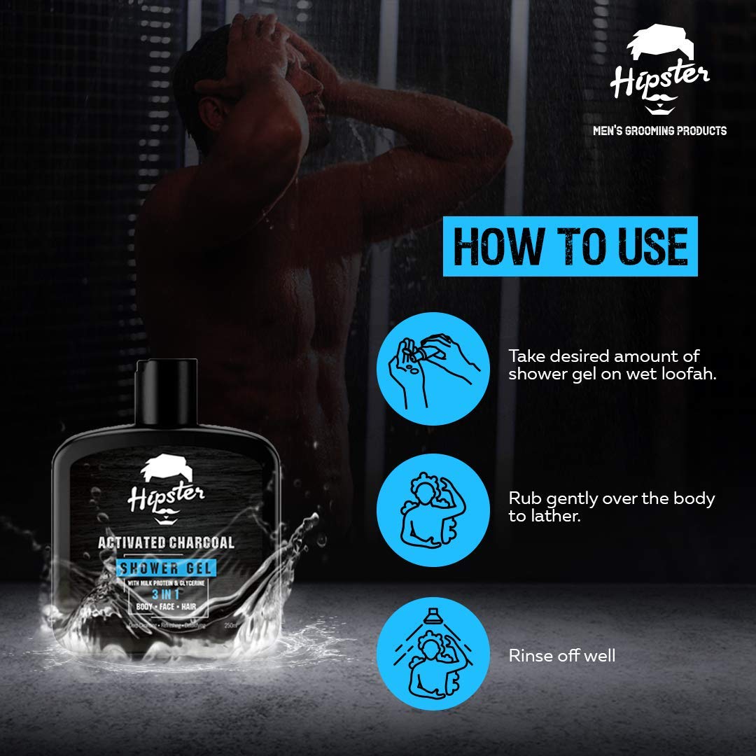 Activated Charcoal 3-in-1 Body Wash & Shower Gel (250ml) - Deep Cleansing for Face, Hair & Body with Charcoal, Milk Protein & Glycerin | Includes Free Loofah | Made in India | Perfect for Detoxifying Skin & Removing Impurities