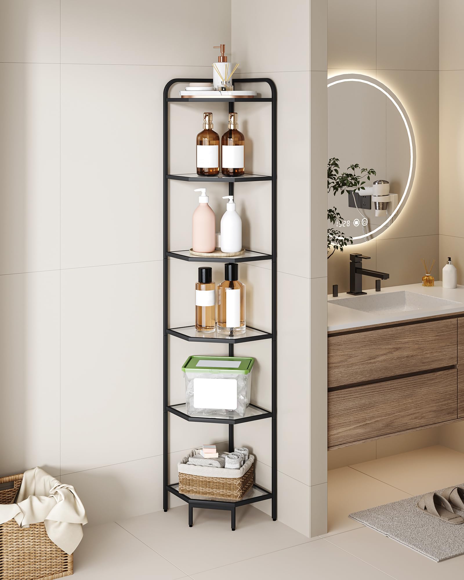6-Tier Black Corner Shelf Stand - Modern Steel Frame & Tempered Glass Bookcase for Living Room, Bathroom, Kitchen | Space-Saving Organizer for Books, Plants, Bath Essentials & Decor | Perfect for Small Spaces & Home Organization